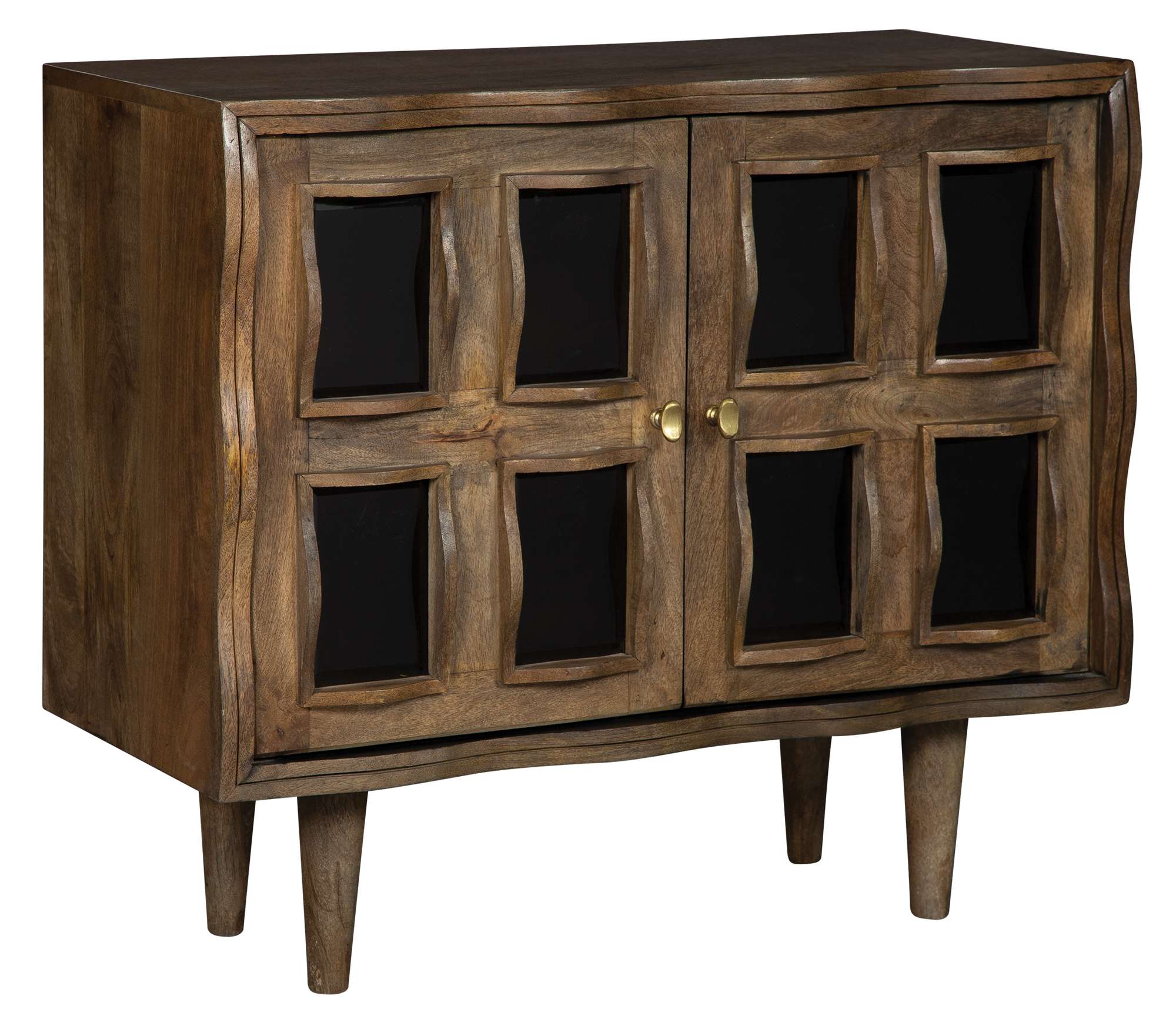 Accent two-door chest with beveled glass panels, tapered legs, mango wood finish, and brass powder-coated iron door pulls
