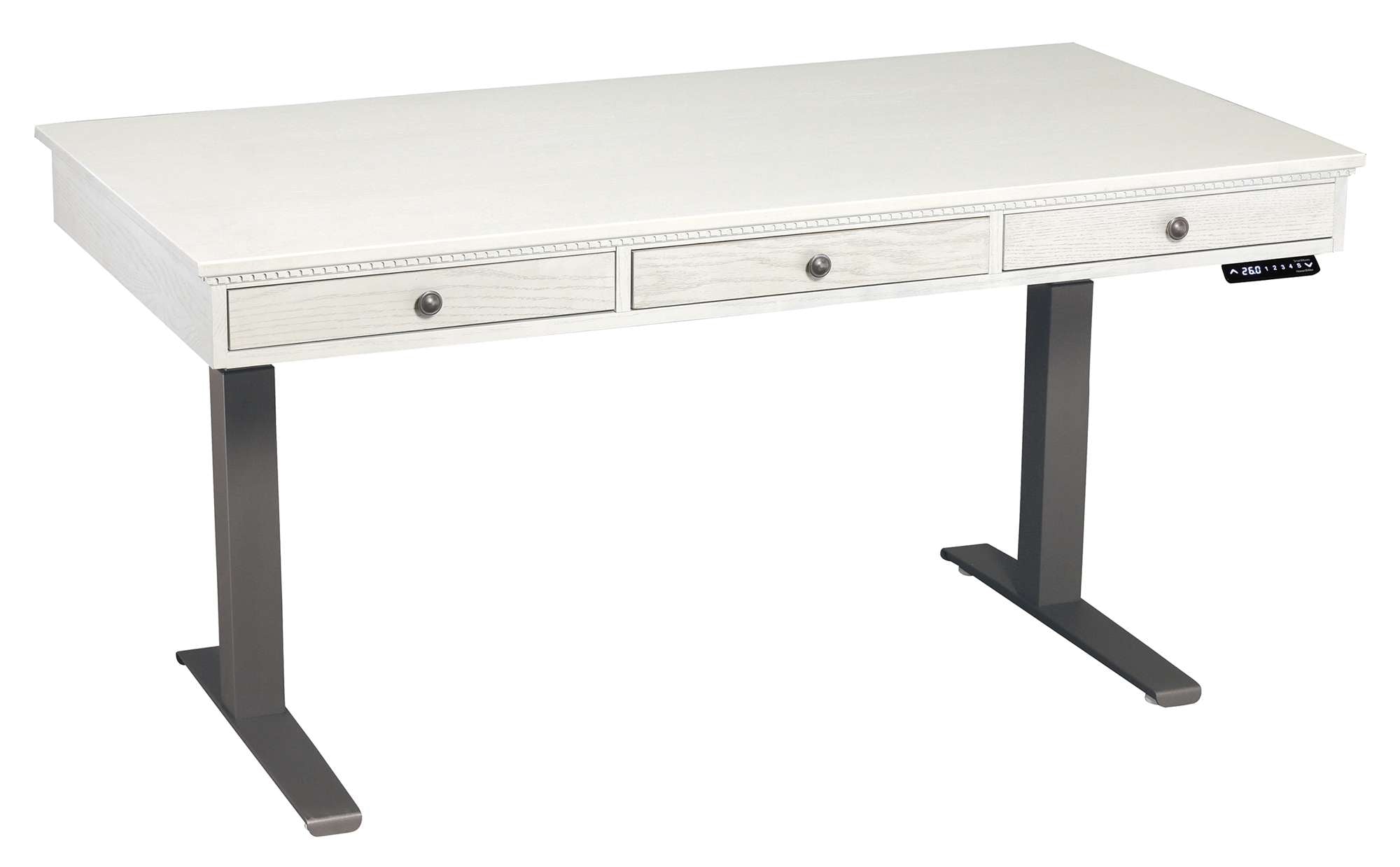 Custom adjustable height desk with metal base, three drawers, dentil molding, and white finish top surface