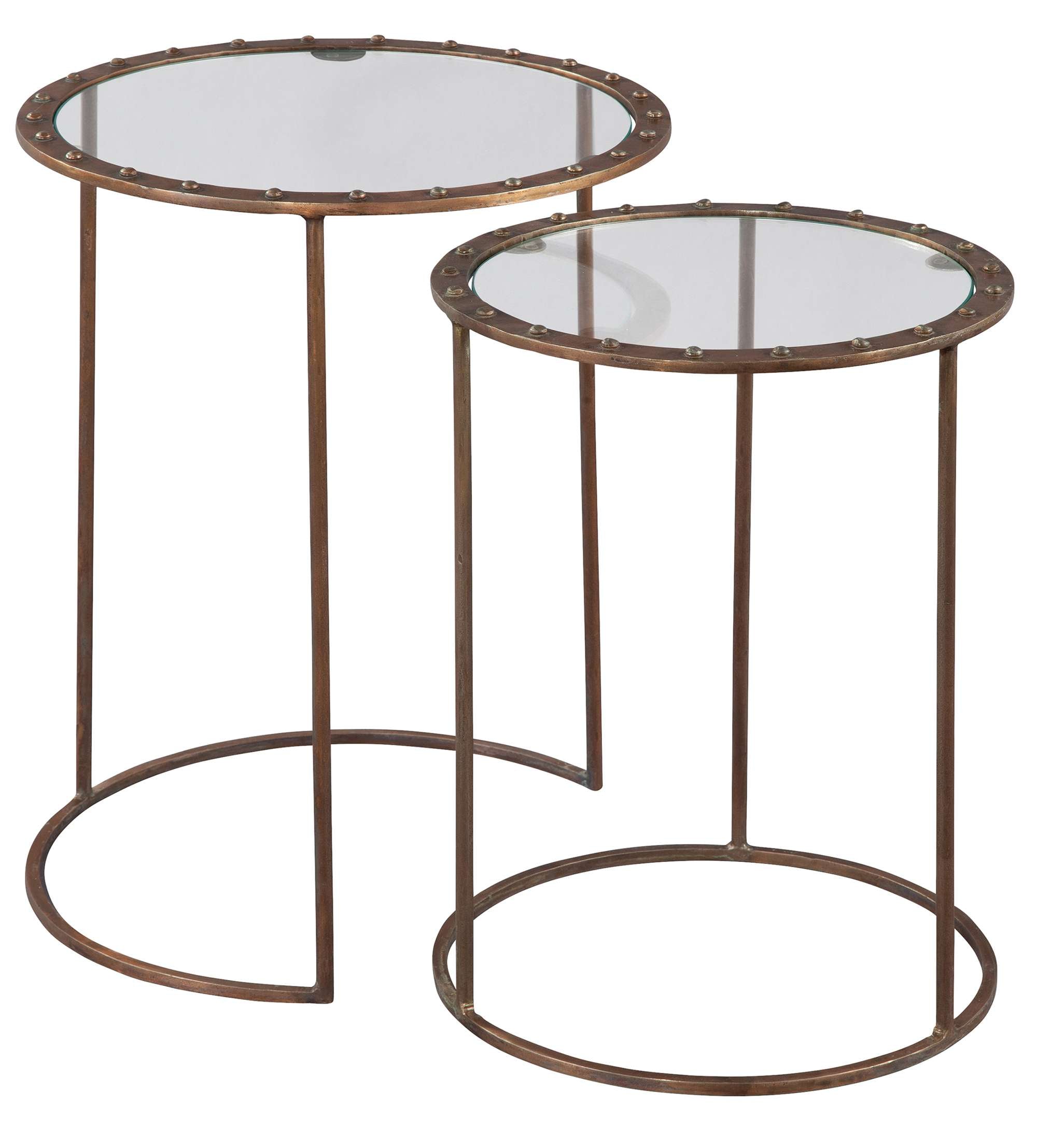 Nesting tables with copper-plated iron base, riveted metal frame, and clear glass tops in two sizes