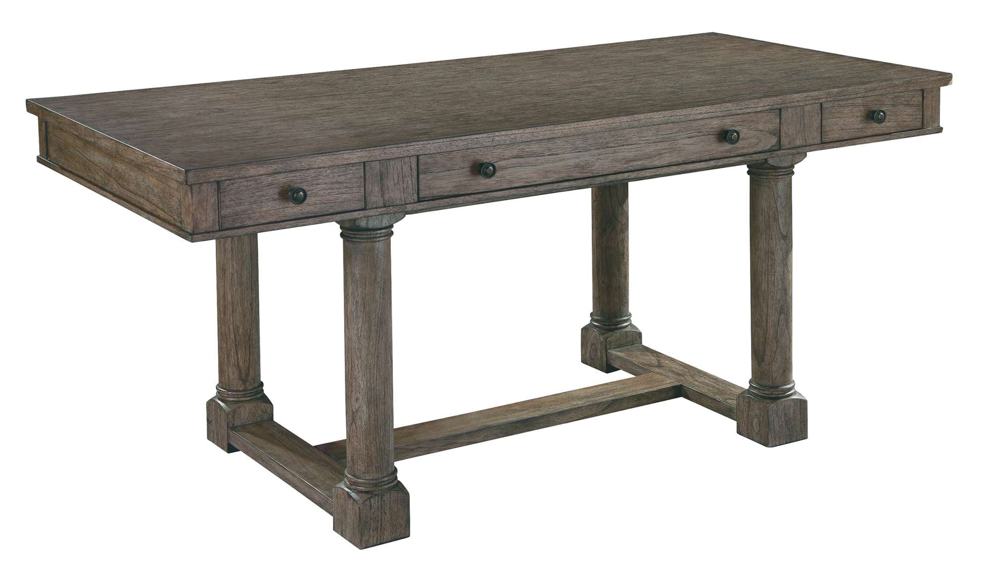 Lincoln Park desk with mindi solids and veneers, antique brass hardware, three drawers, and four post legs in Lincoln Park finish