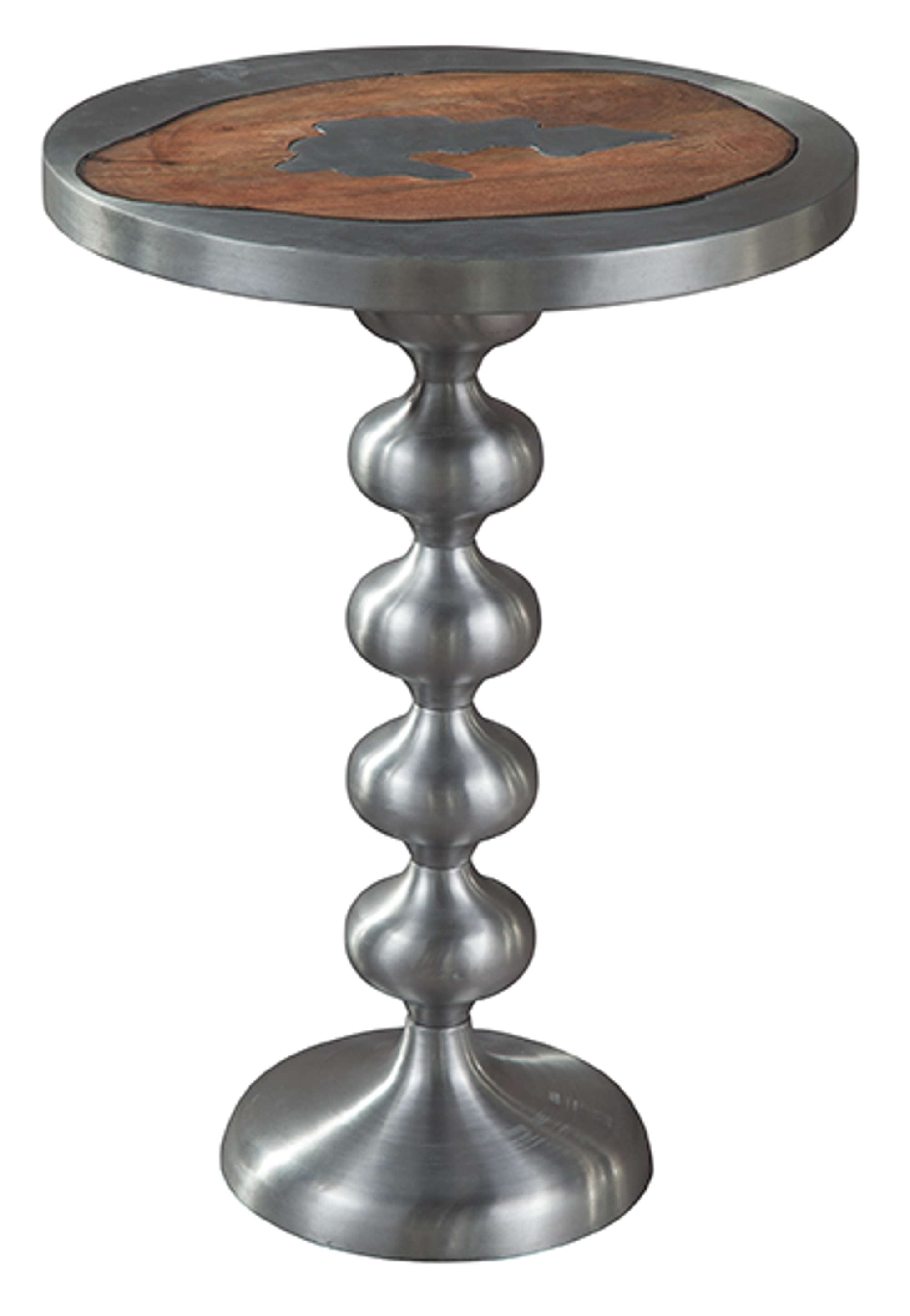 End table with polished cast aluminum base featuring sculpted curves and round wood top with natural finish detail