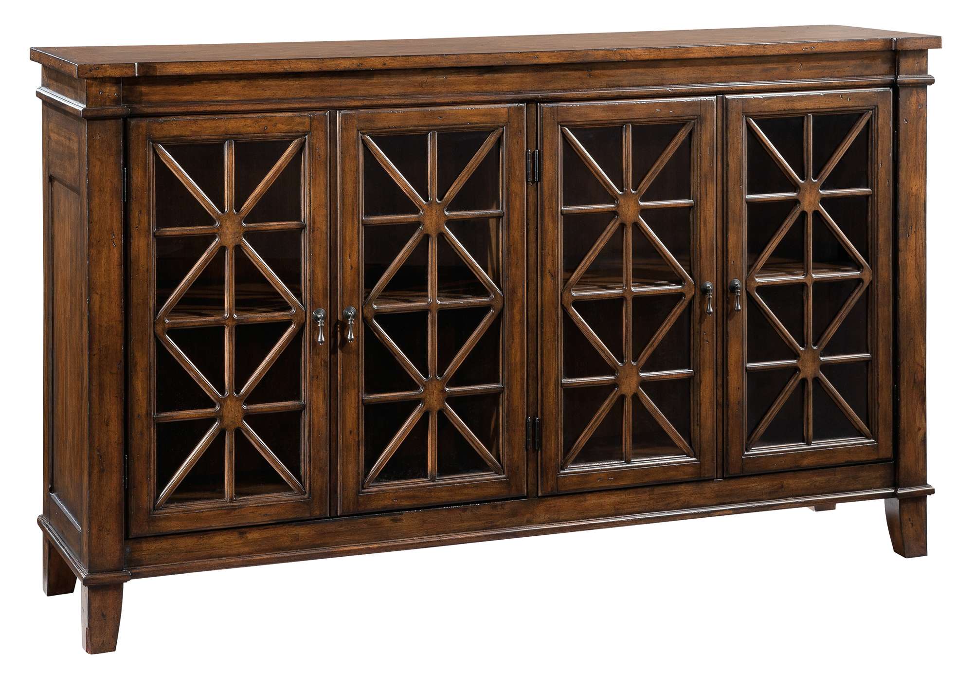 Traditional entertainment console with select solids, four glass doors with geometric wood overlay, and rich brown finish
