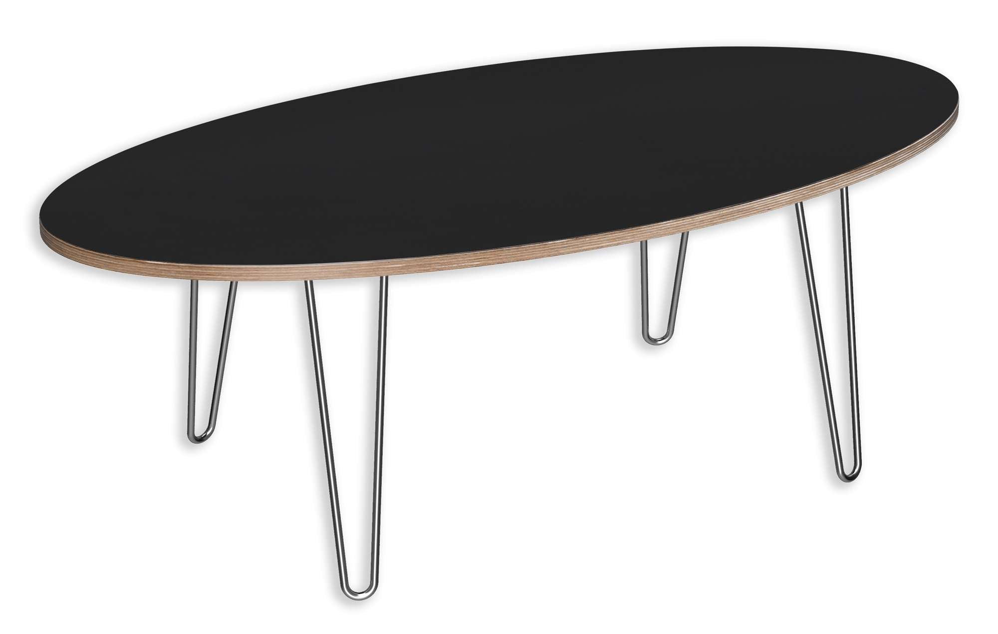 Oval coffee table with matte black top, multi-ply grain edges, and slender hairpin metal legs in modern design