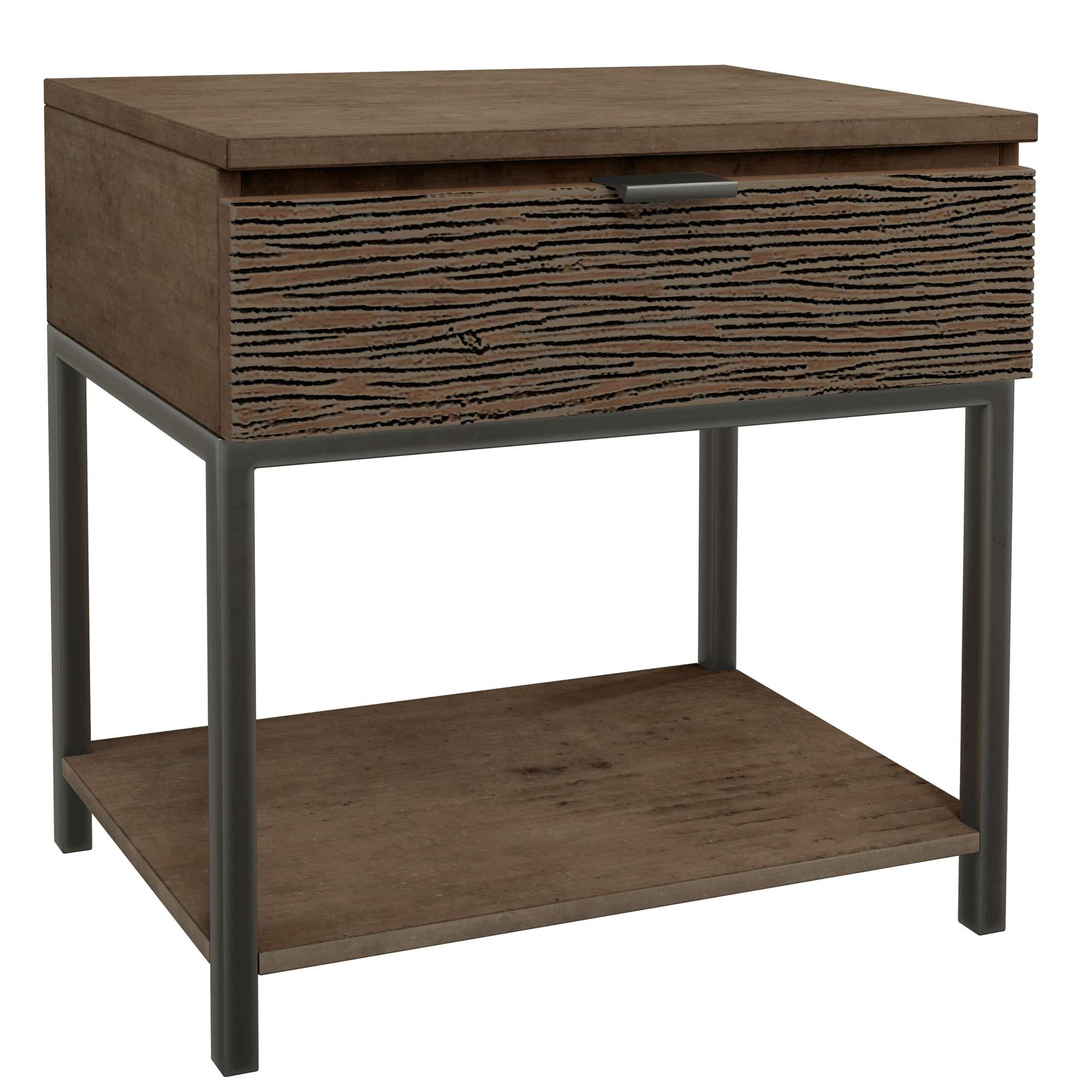 Single drawer nightstand with textured wood drawer front, metal frame legs, and lower wood shelf in rustic finish
