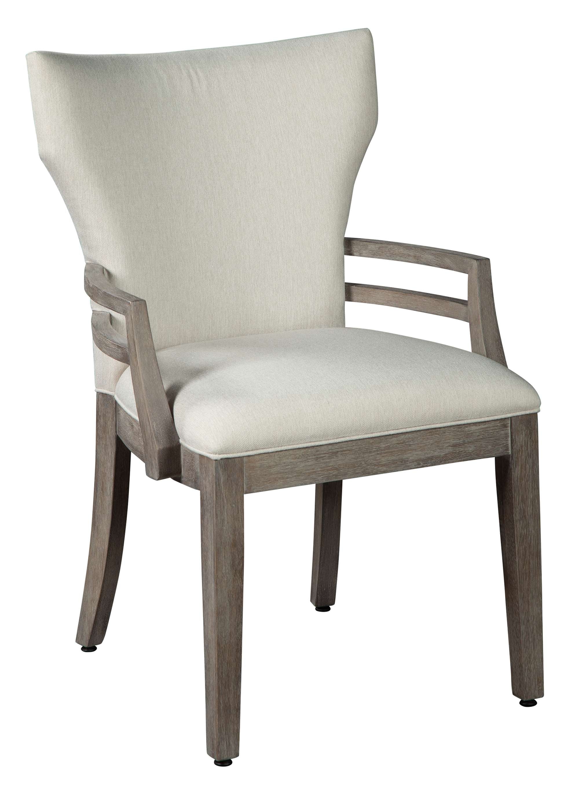 Sedona arm chair with upholstered linen back and seat, select solid wood frame, and contemporary single stretcher detail
