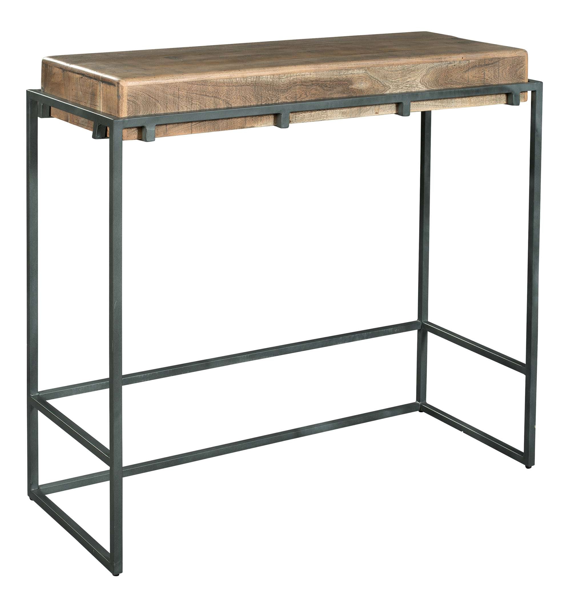 Pub table with solid acacia wood top, soft brown oil rub finish, and black iron frame with footrest rail