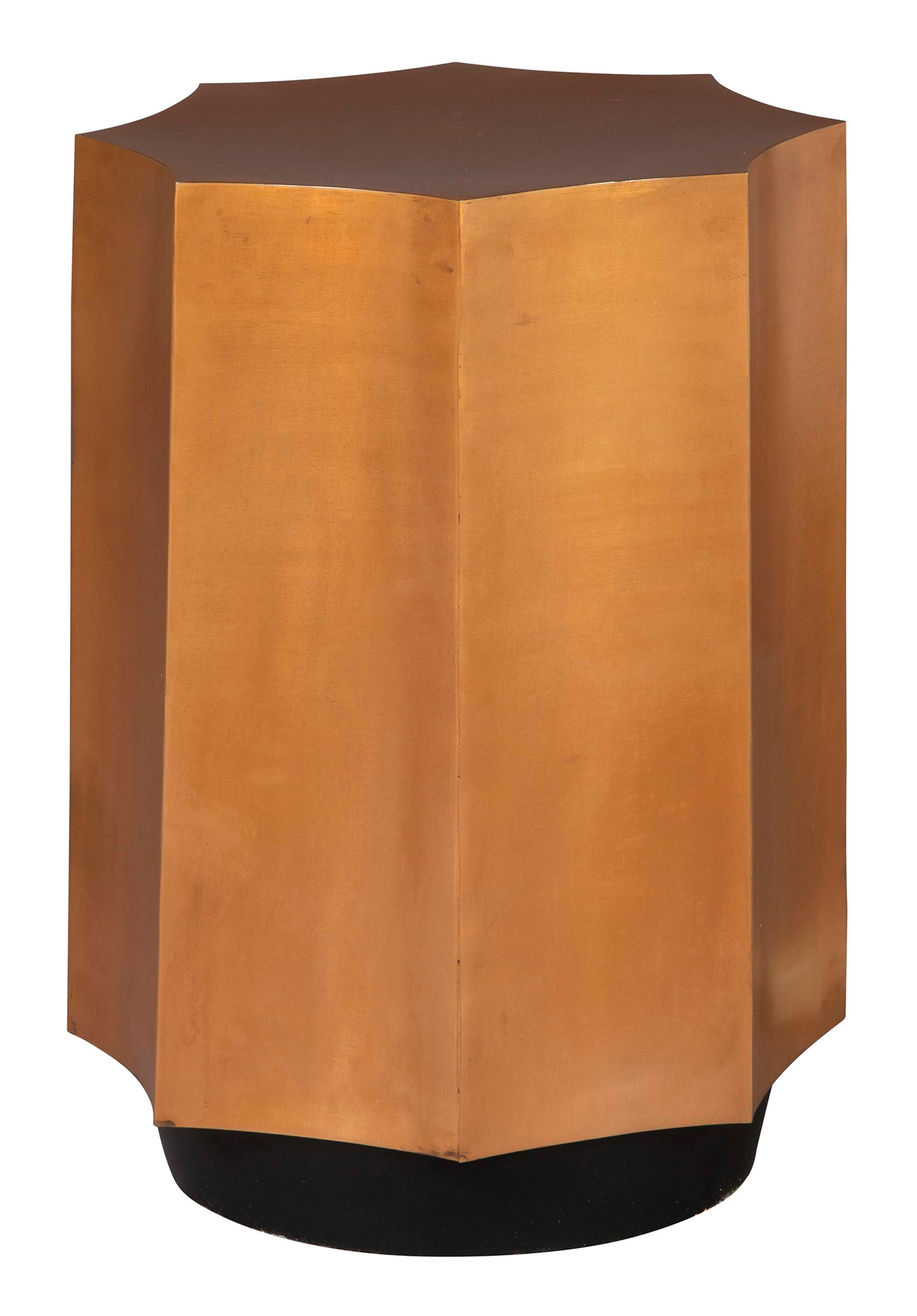 Metal end table with fluted iron panels and aged copper finish, 16" wide by 24" high cylindrical design