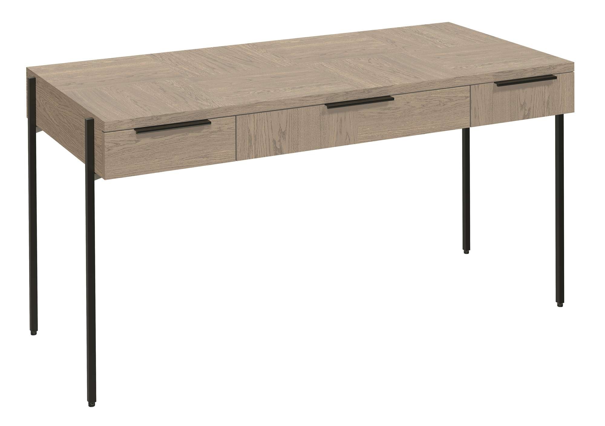 Mayfield Desk with oak parquet veneer top, three drawers, and black metal leg posts in modern design