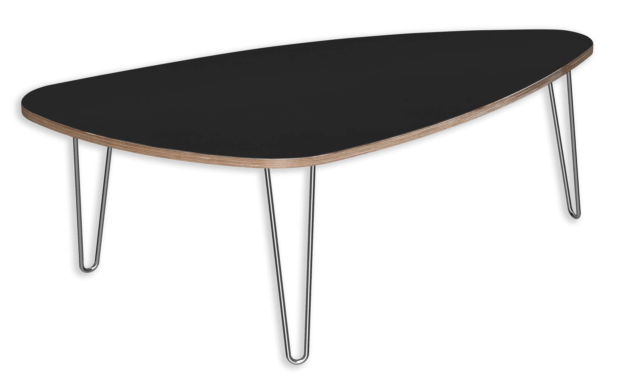 Triangular DesignerPly coffee table with matte black top, multi-ply edges, curved corners, and three sleek hairpin legs