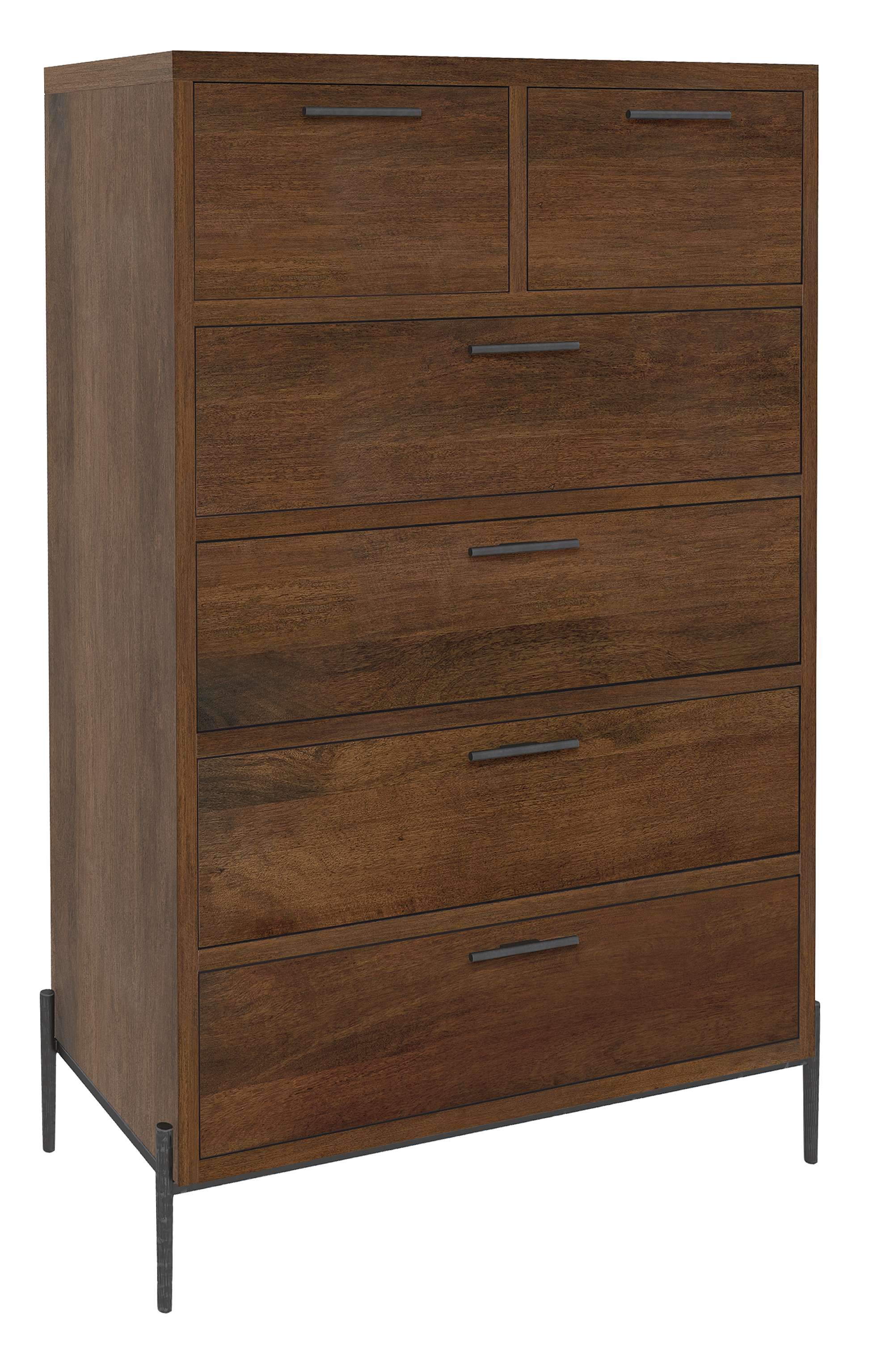 Bedford Park bedroom chest with solid mango wood, aged iron base, six soft-close drawers, and Bedford Tobacco finish