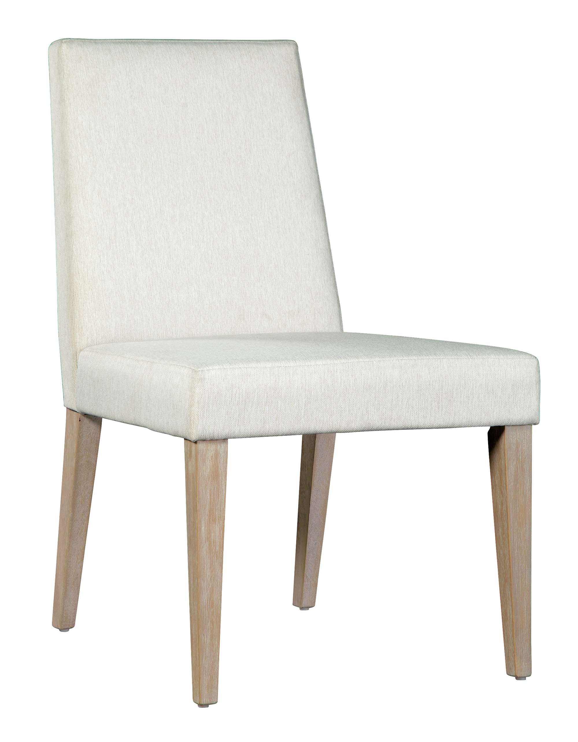 Scottsdale upholstered dining side chair with soft white linen fabric, tapered back, and mindi wood legs in Scottsdale finish