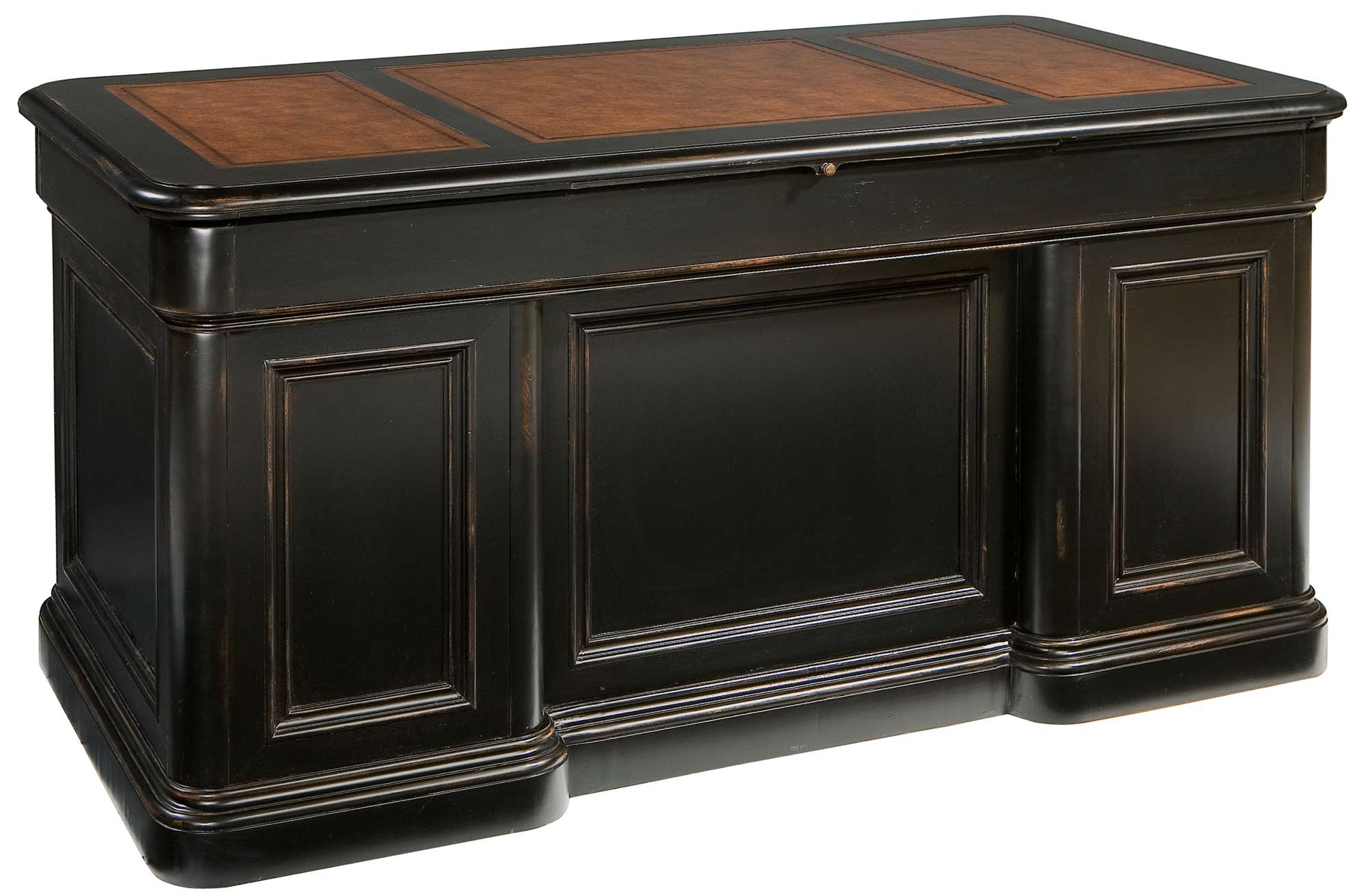 Louis Philippe Junior Executive Desk with distressed finish, leather top with blind tooling, and pull-out writing surfaces on each side
