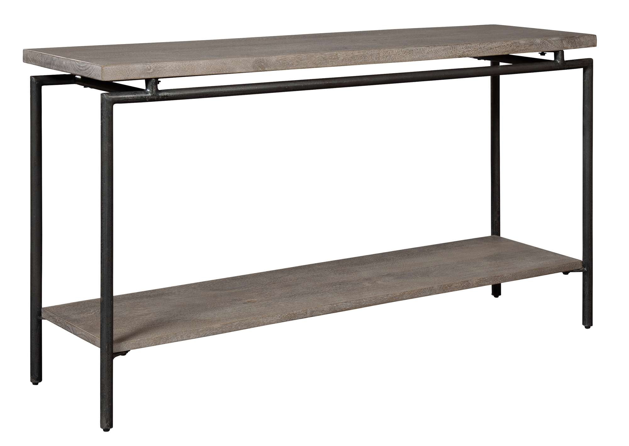Sedona sofa table with solid mango slab top and shelf, round iron legs, iron stretchers, and aged wood finish