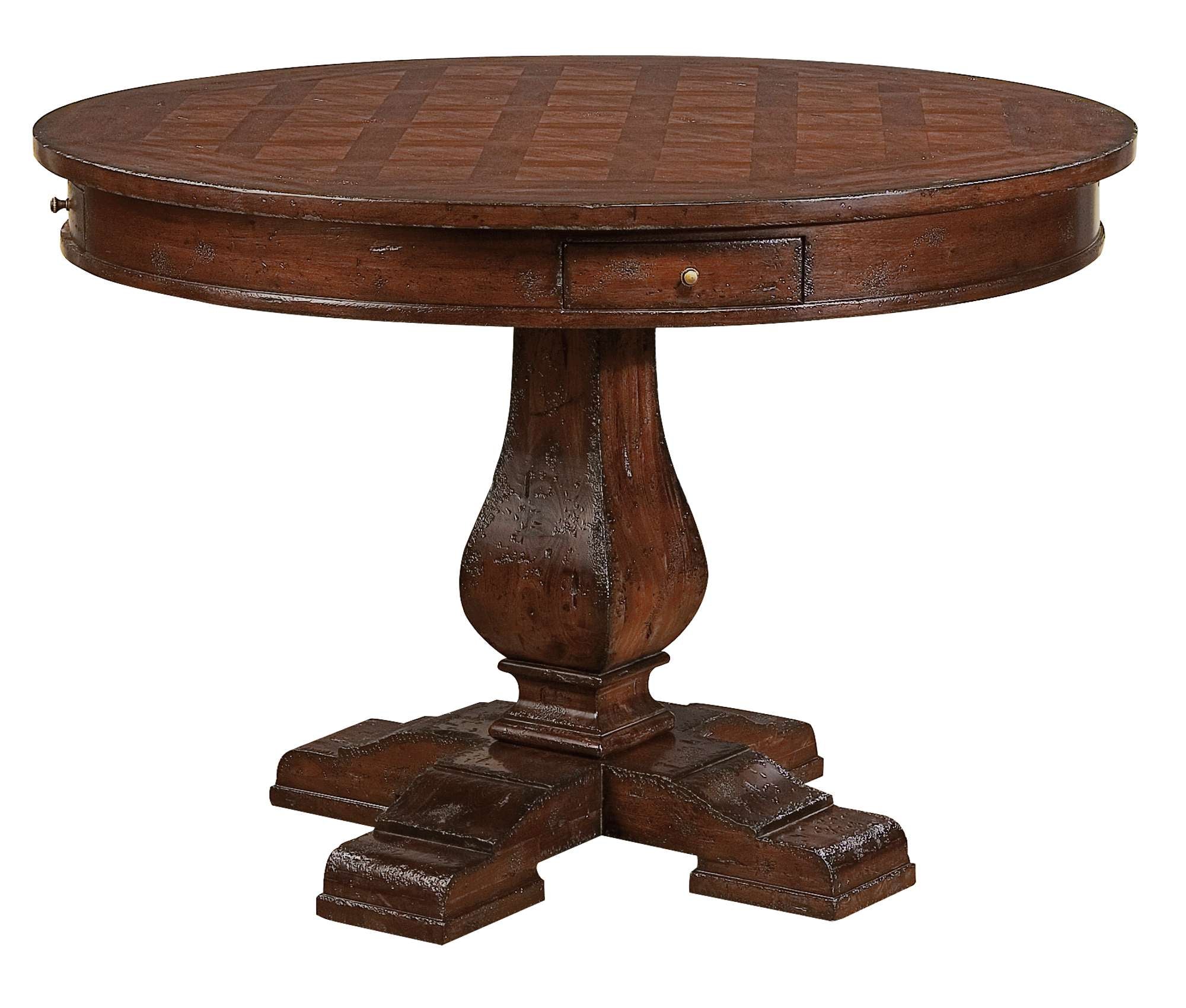 Havana pub table with mahogany solids and veneers, diamond match veneer top, antique brass hardware, and distressed finish