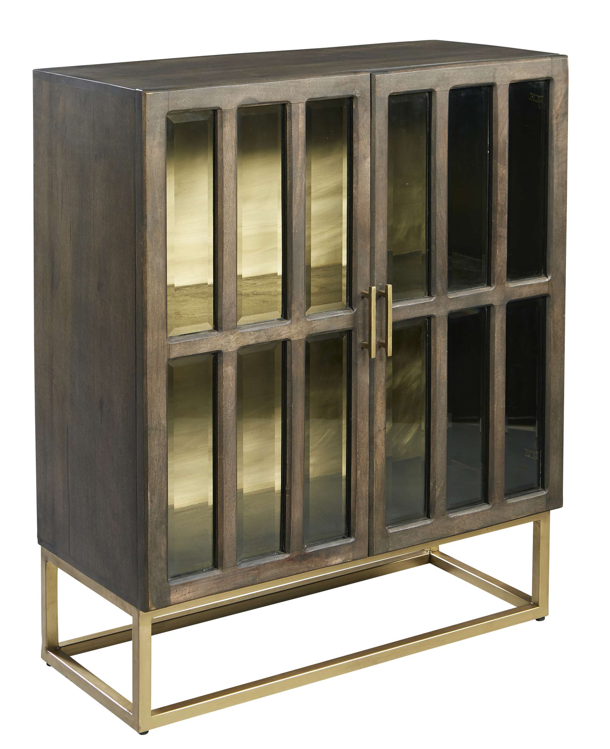 Accent Chest with beveled glass doors, brass back panel, single shelf, solid mango wood, and brass legs and hardware