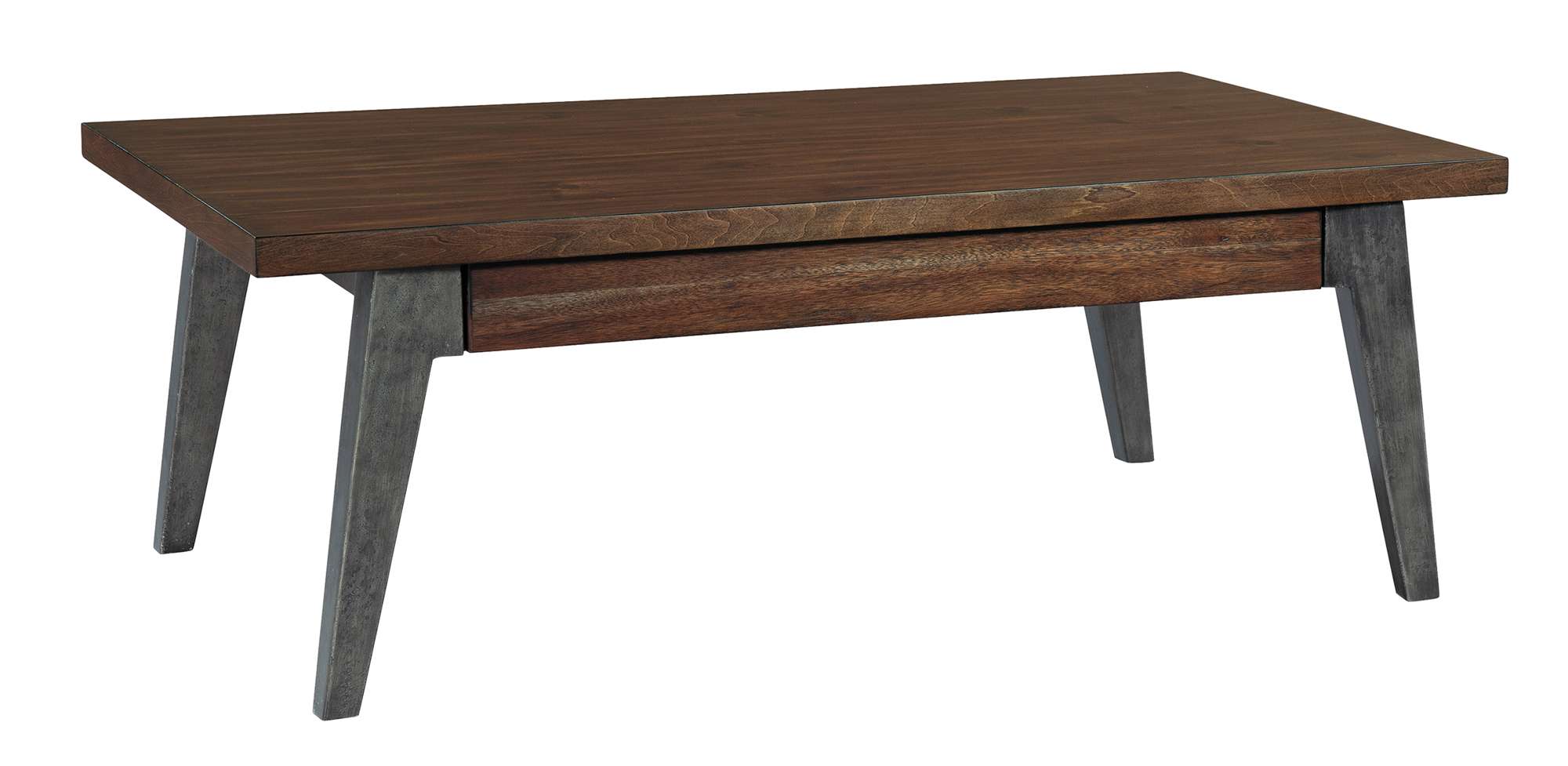 Monterey Point coffee table with 1.5" acacia veneer top, deep brown finish, and splayed forged metal tapered legs