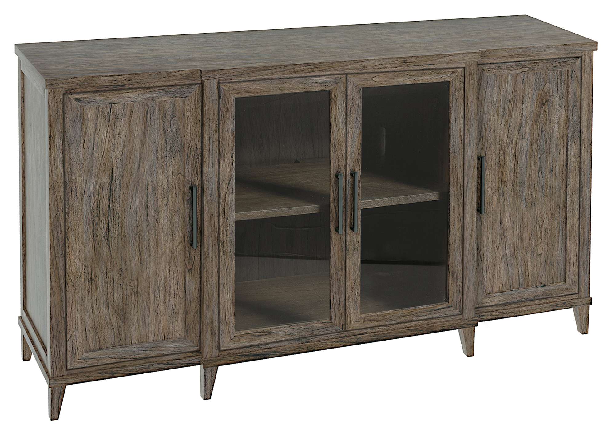 Arlington Heights entertainment console with all wood slab top, two wooden doors, two glass doors, and six interior shelves