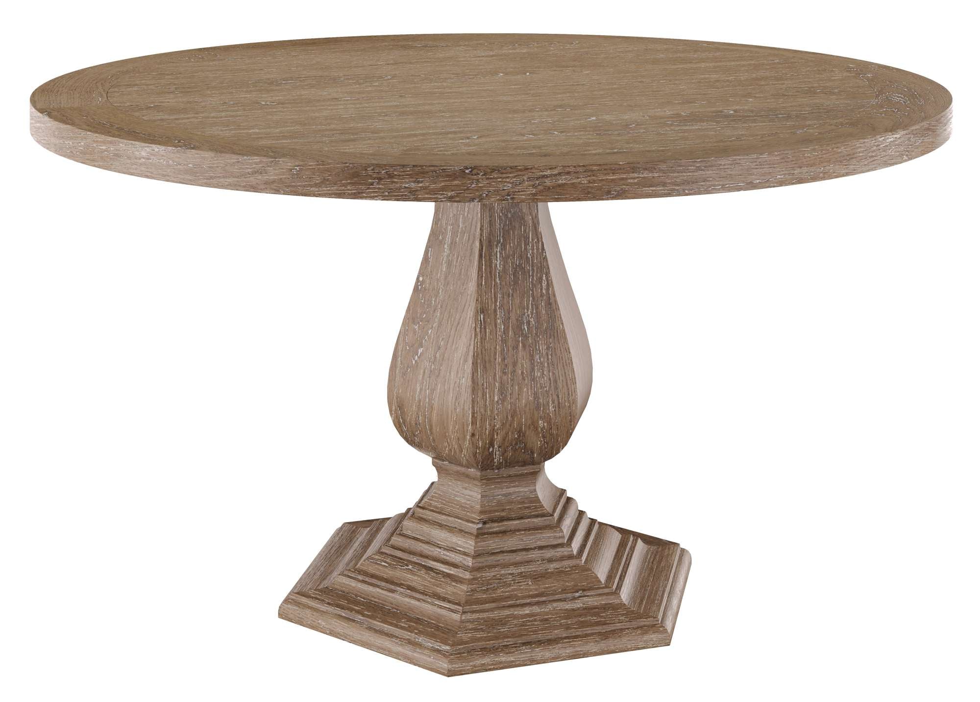 Round Chateaux Dining Table with a carved pedestal base and weathered wood finish for classic elegance