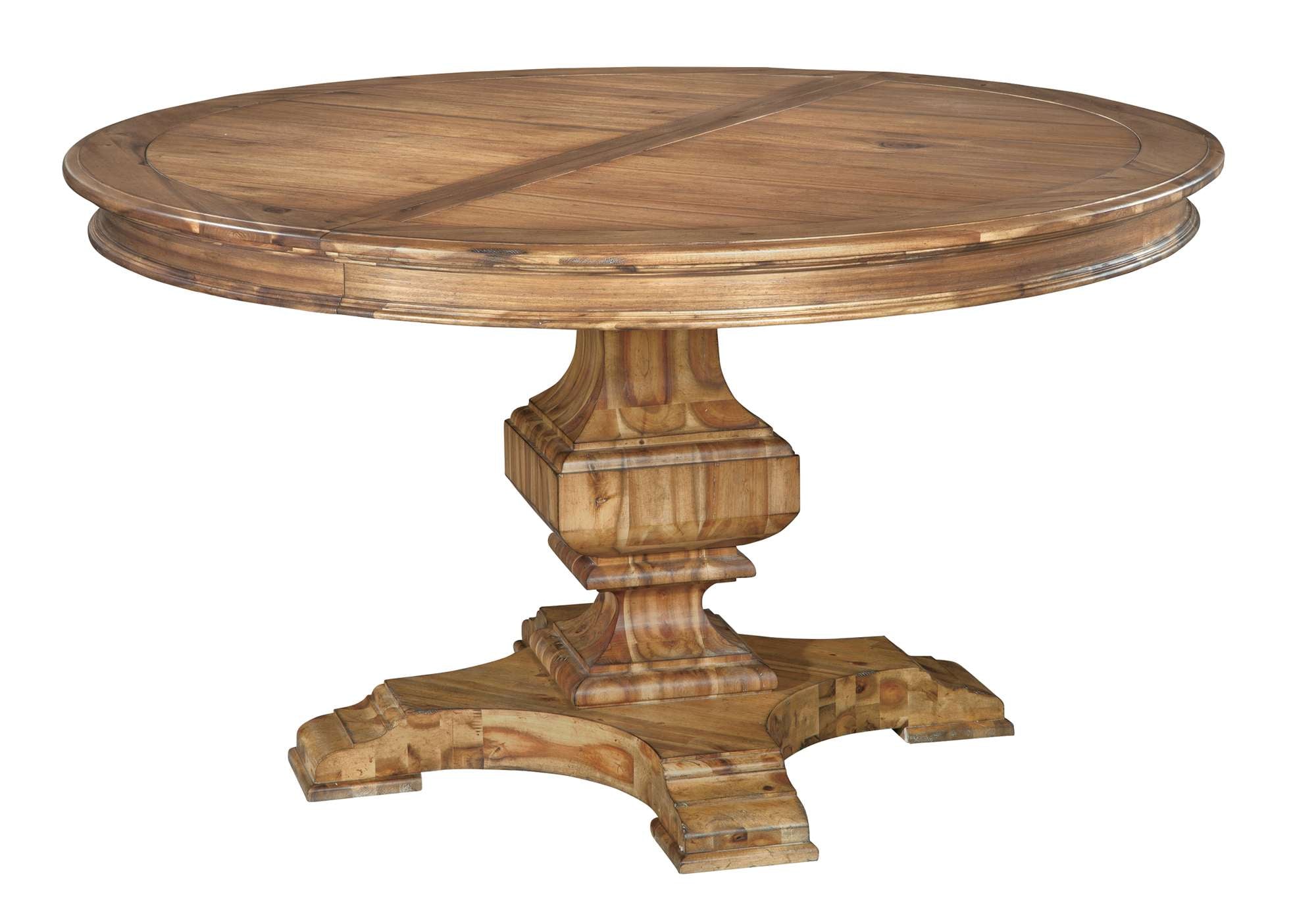 Wellington Hall dining table with round acacia veneer top, hand turned urn pedestal base, and natural finish