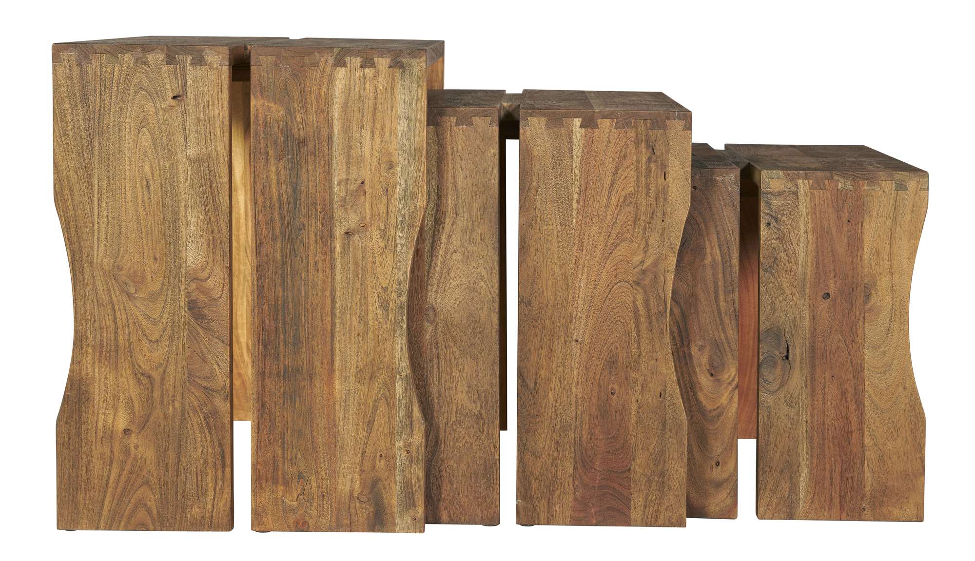 Set of three solid Acacia nesting tables with natural wood finish and exposed dovetail joinery in varying sizes