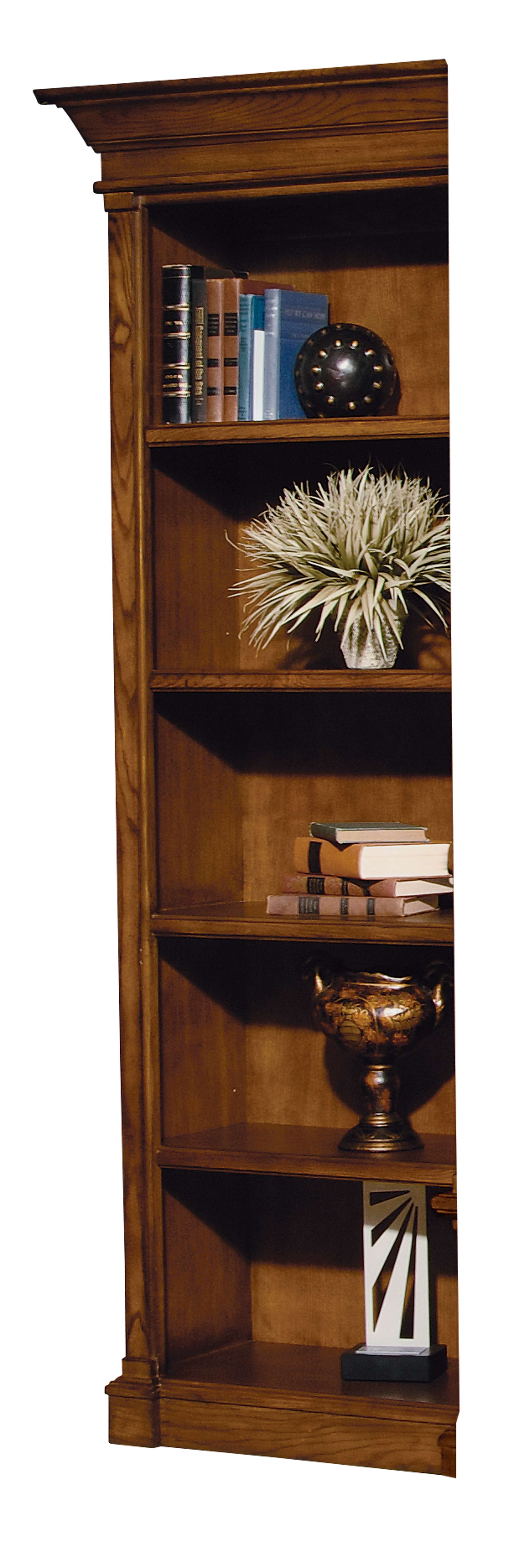 Urban Ash Burl executive left bookcase with five shelves, select ash solids and veneers, and decorative accessories displayed