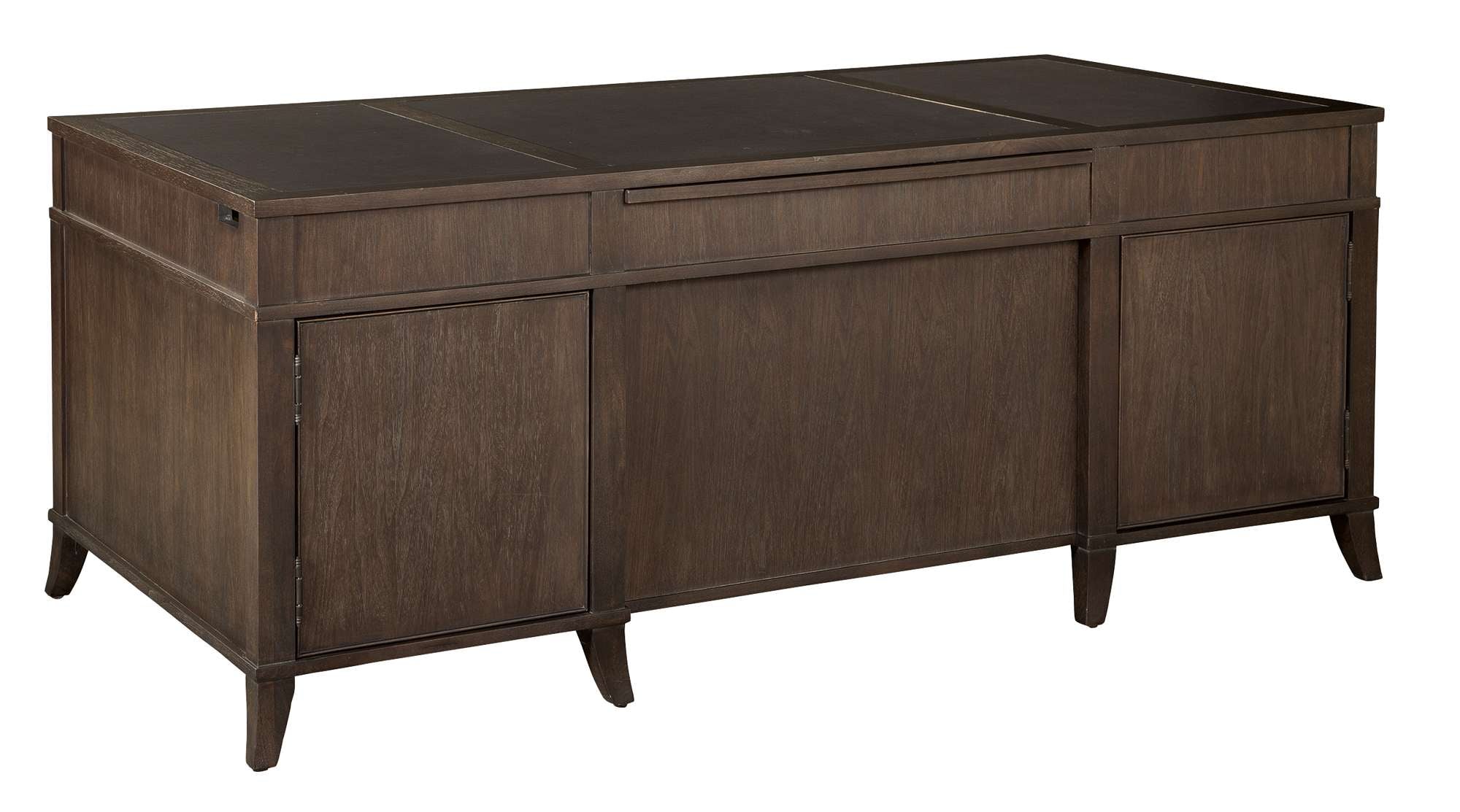 Urban Executive Desk with wood-framed leather panels, select veneer and solids, four box drawers, and two file drawers on metal slides