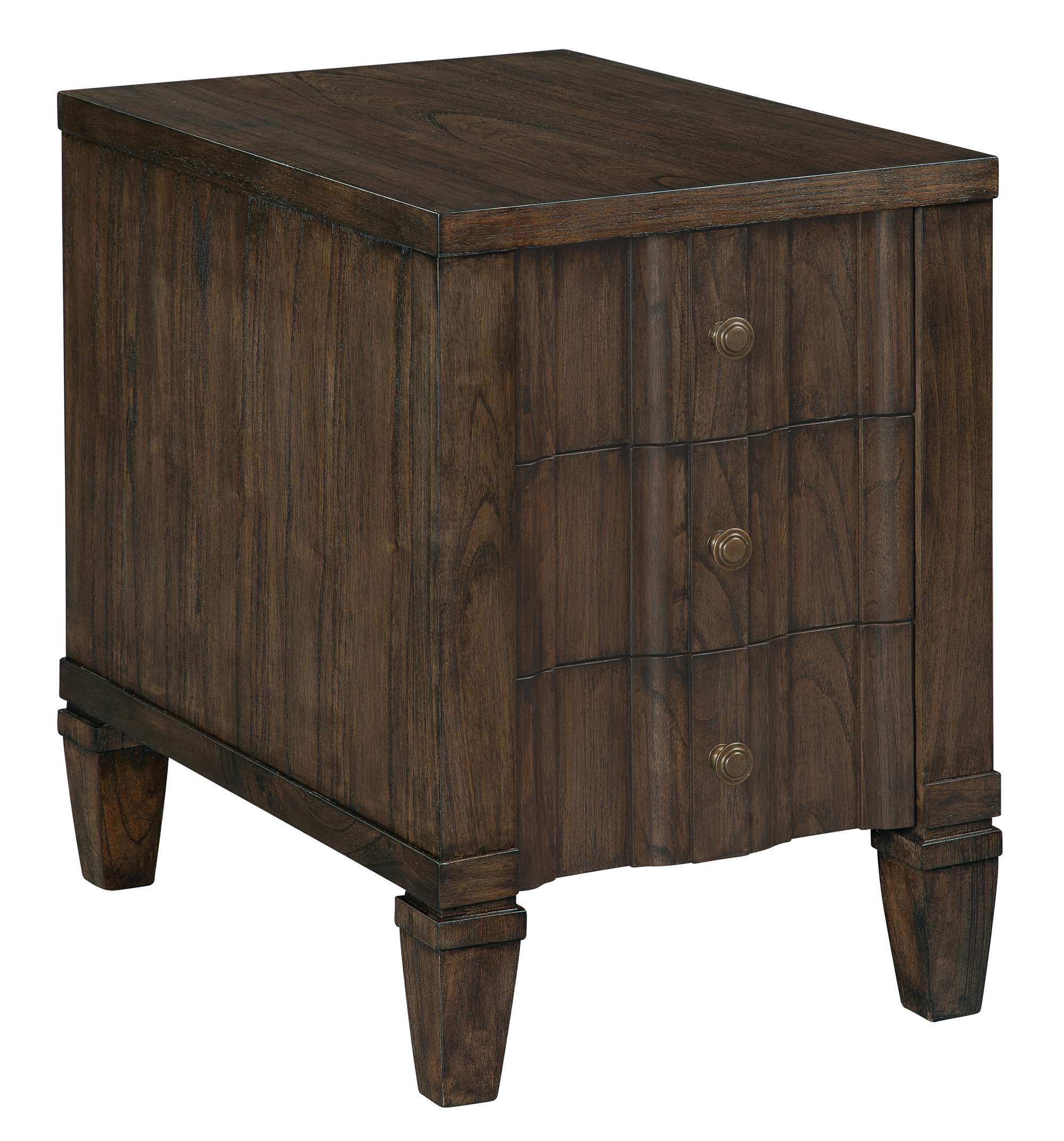 Linwood Chairside Chest with three stepped front drawers, round antique brass pulls, mindi solids and veneers, Linwood finish