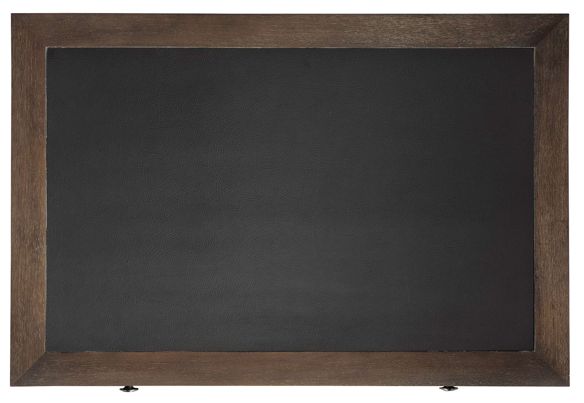Rectangular leather top in dark brown with select wood veneer frame and metal anti-tip hardware underneath