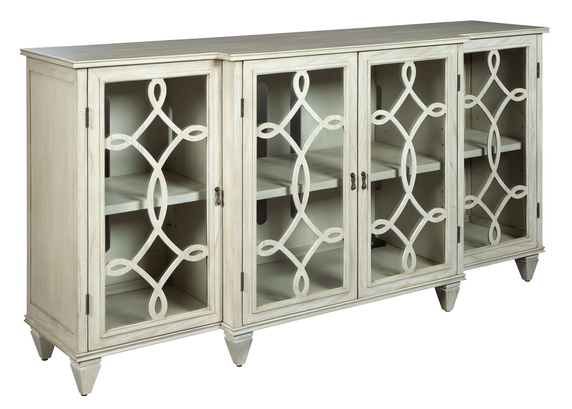 Breakfront entertainment console with four glass doors, decorative scroll fretwork, adjustable interior shelves, and select veneer finish