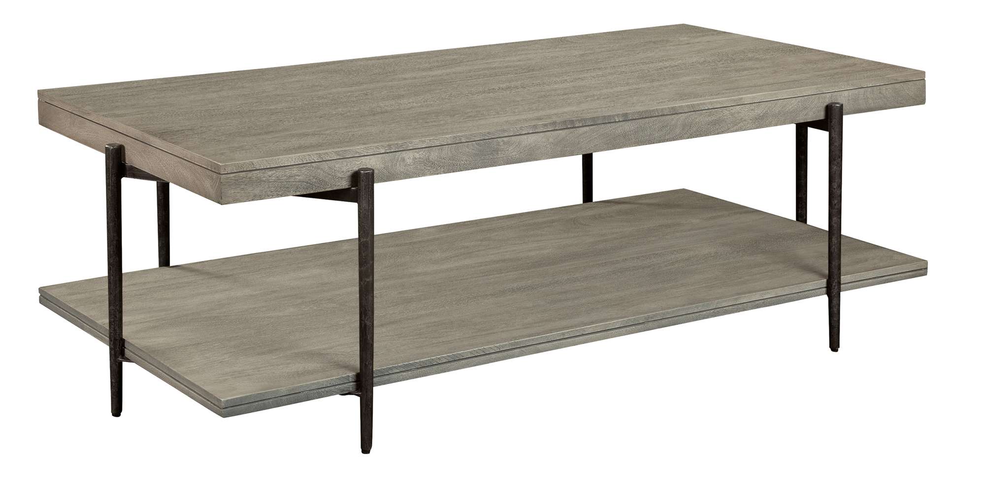 Bedford Park coffee table with solid mango wood top and shelf, rectangular gray finish, and modern metal legs