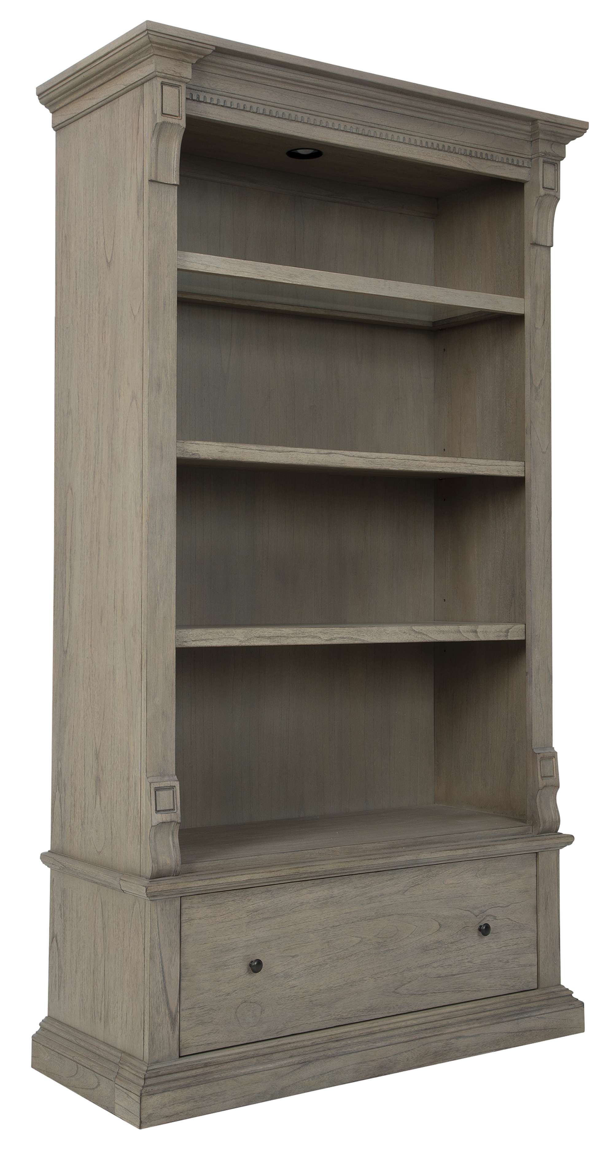 Wellington Estates office executive center bookcase with mindi veneers, adjustable glass shelf, file drawer, and illuminated top