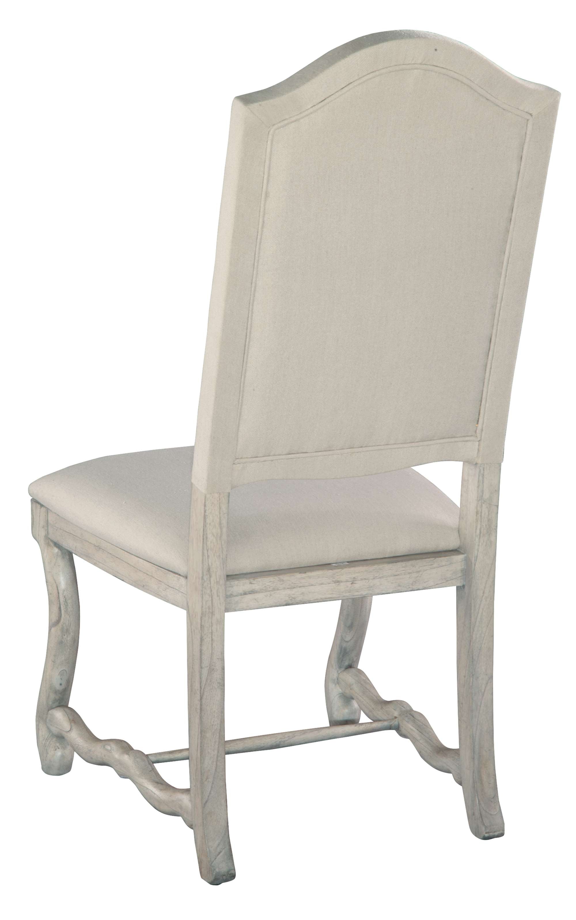 Homestead Dining Side Chair with linen fabric upholstery and weathered wood frame in classic farmhouse style viewed from back