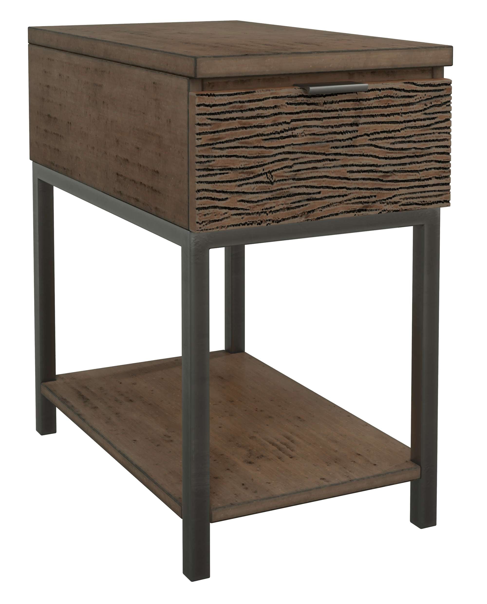 Organic Living End Table with single drawer featuring irregular reeded carving, wooden top, lower shelf, and metal legs