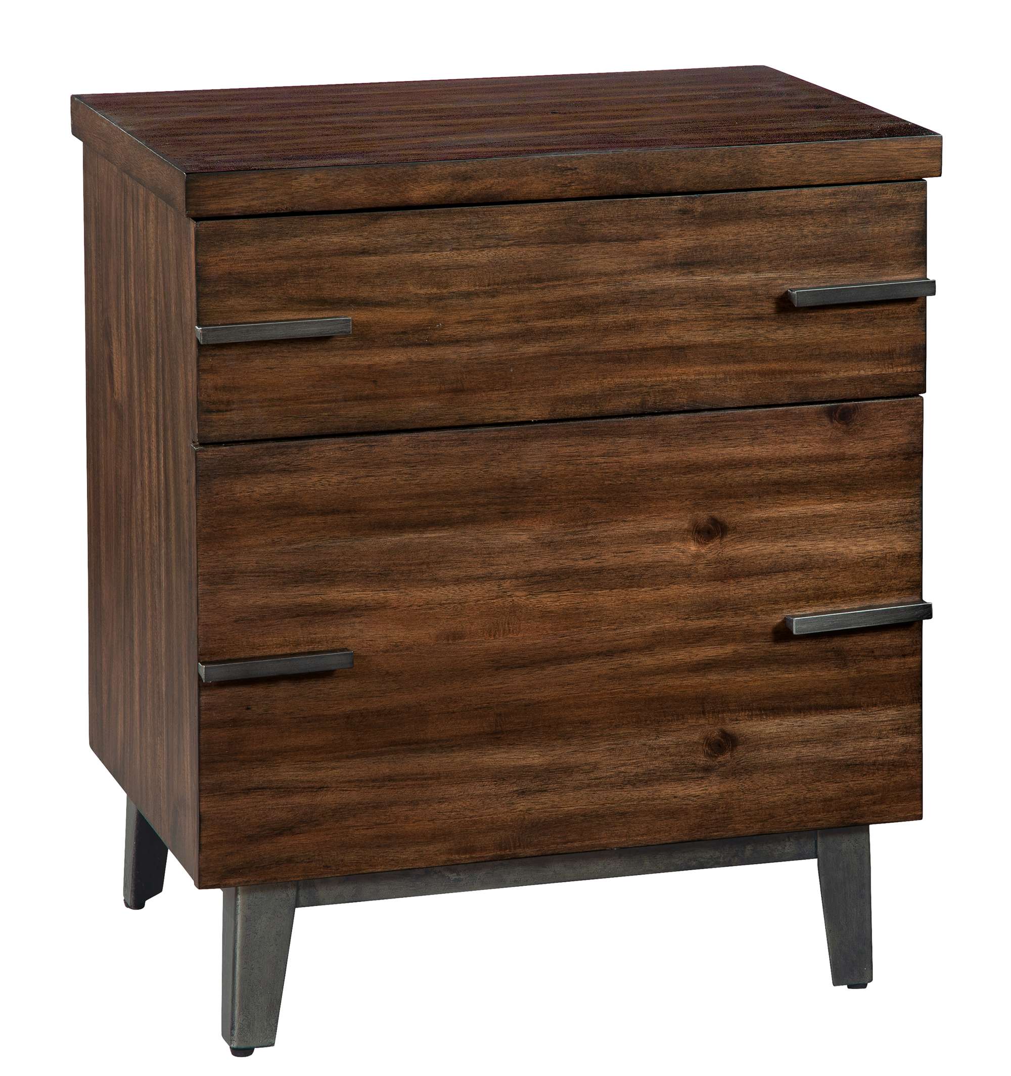 Monterey Point file cabinet with acacia veneer and solid wood top, two drawers, and tapered forged metal legs with natural finish