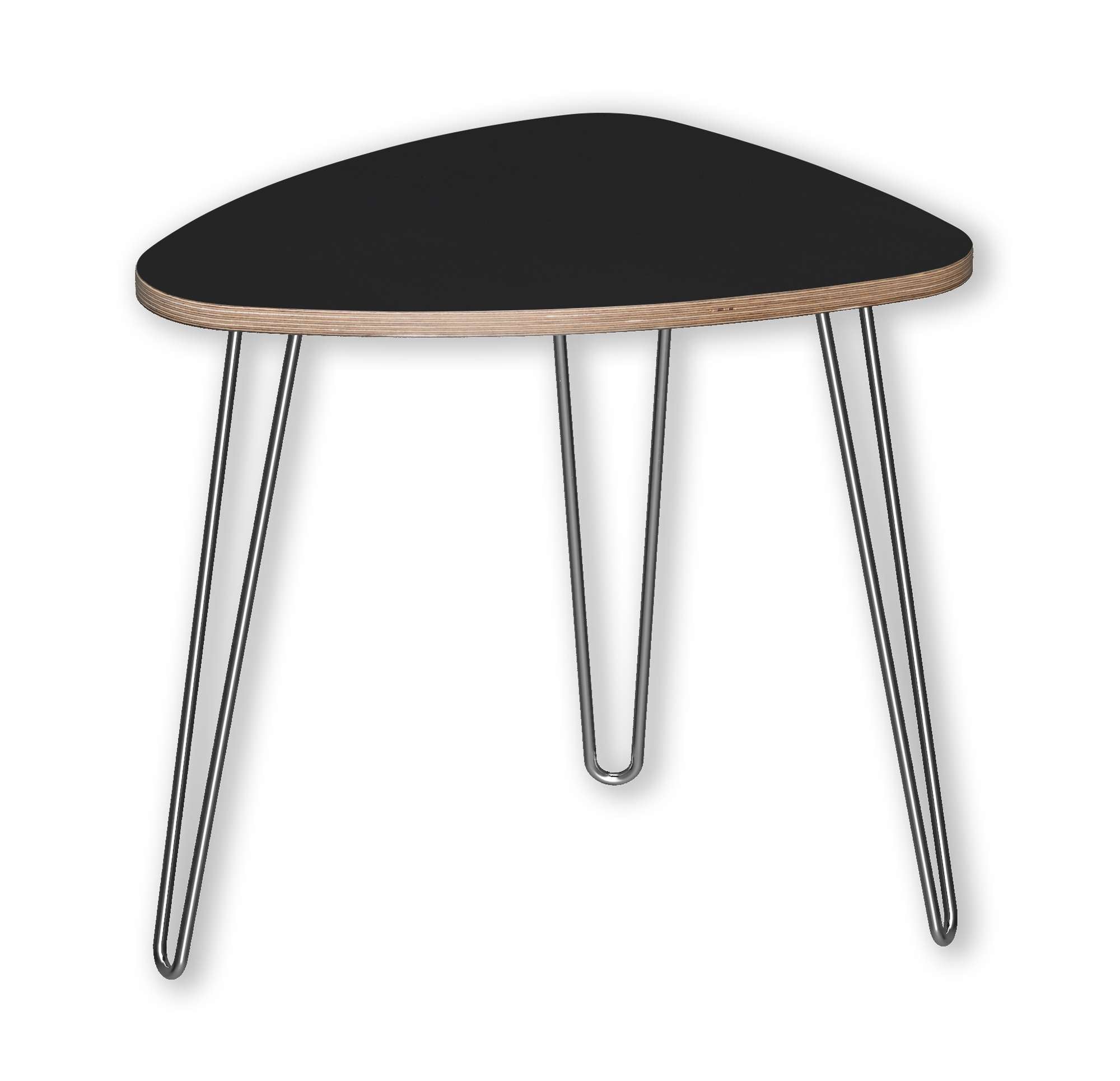 Matte black triangular DesignerPly end table with mid-century multi-ply edges and three sleek hairpin legs
