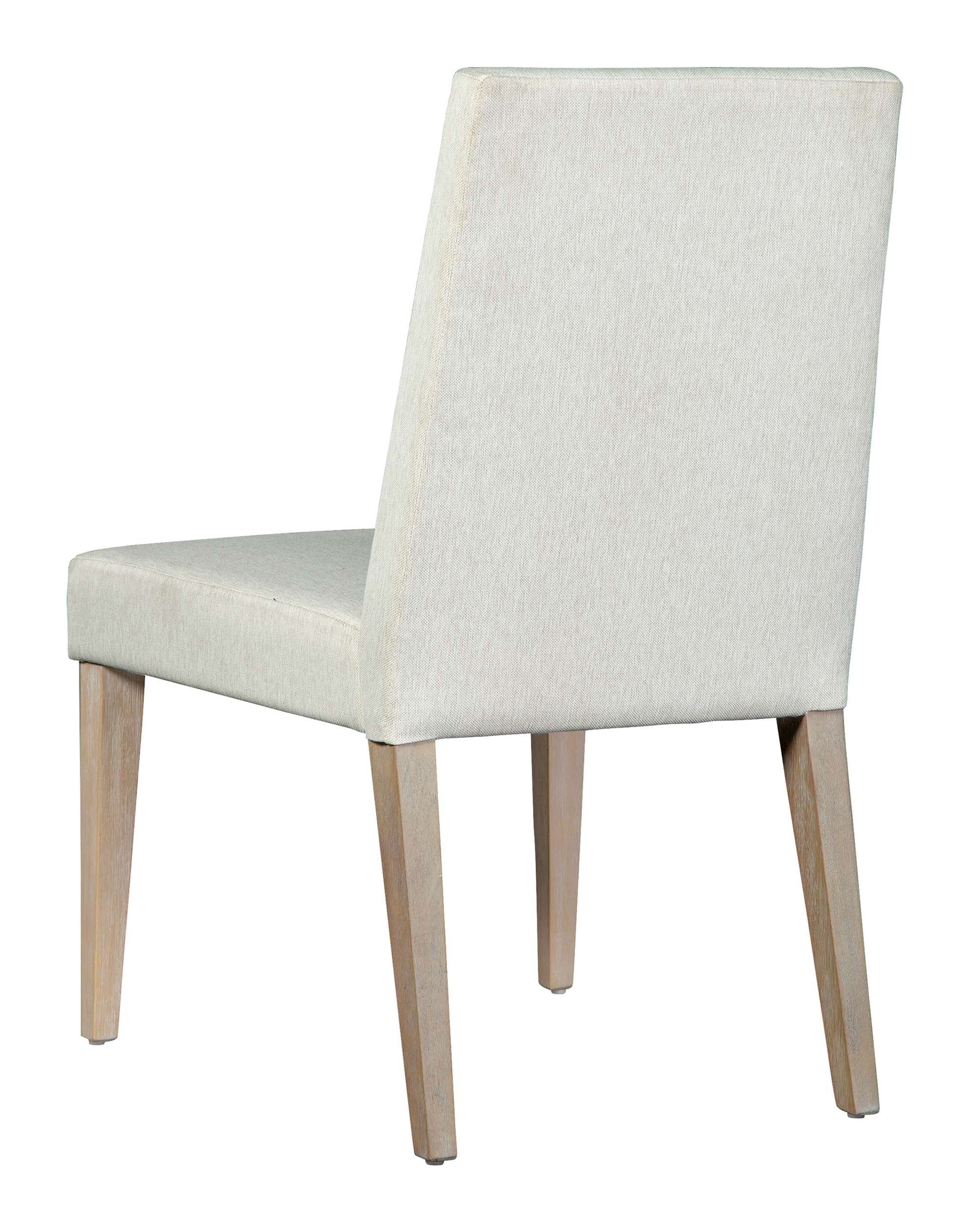 Scottsdale upholstered dining side chair with soft white taupe linen fabric and mindi veneer wood legs in Scottsdale finish