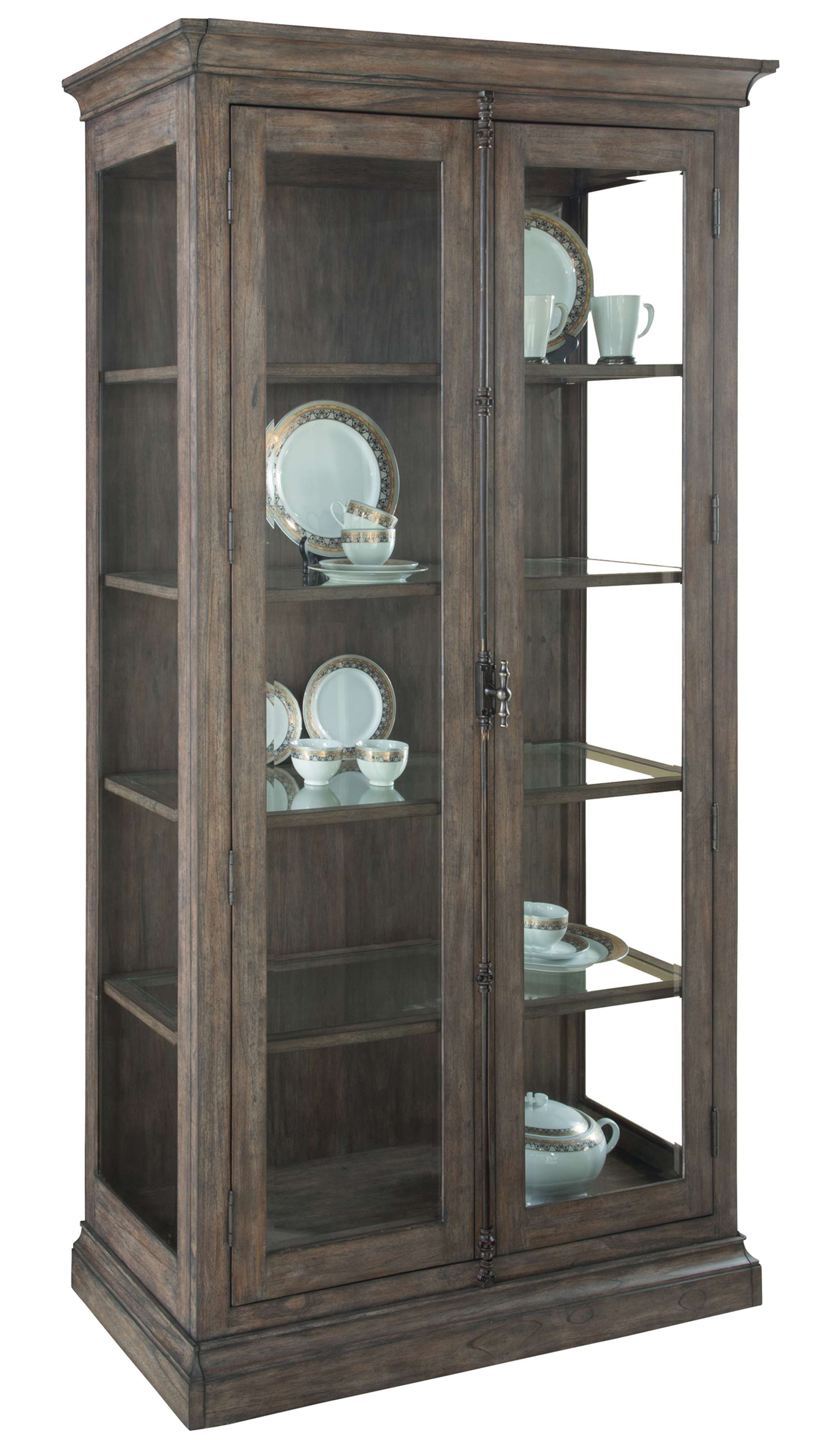 Lincoln Park display cabinet with select solids and veneers, antique brass hardware, four adjustable shelves, and interior lighting