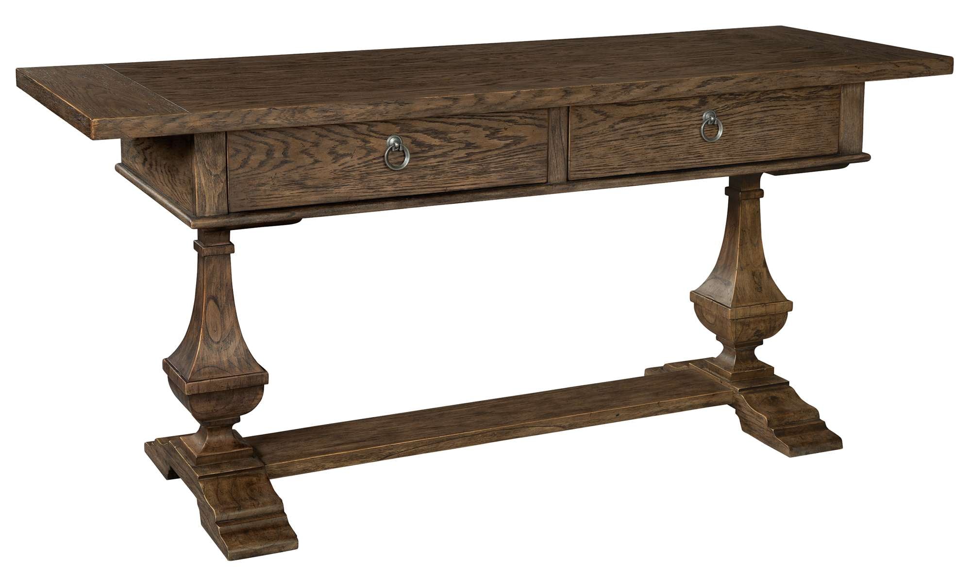 Wexford sofa table with oak veneer top, double drawer box, carved bulbous pedestals, and trestle base in wood finish