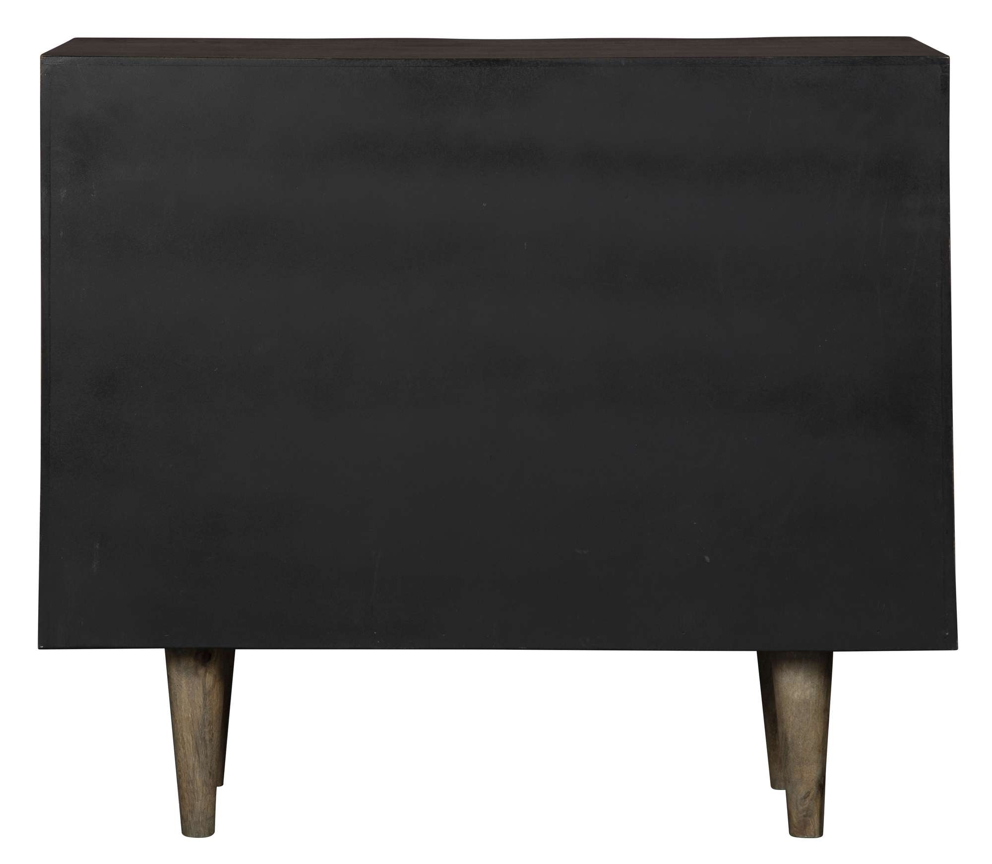 Accent two-door chest in mango wood with special reserve finish, tapered legs, beveled glass panels, and brass powder-coated pulls