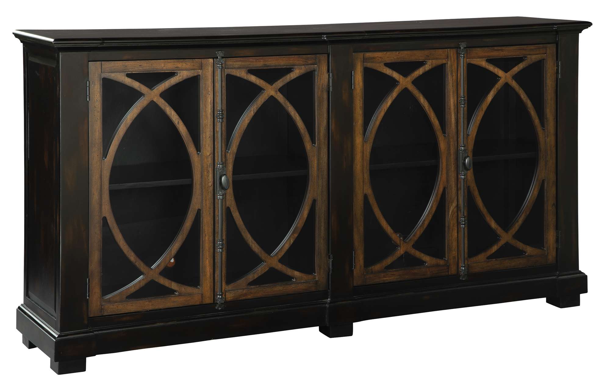 Entertainment console with mahogany veneers and solids, four glass doors with wood lattice design, antique brass latches, and shelf interior