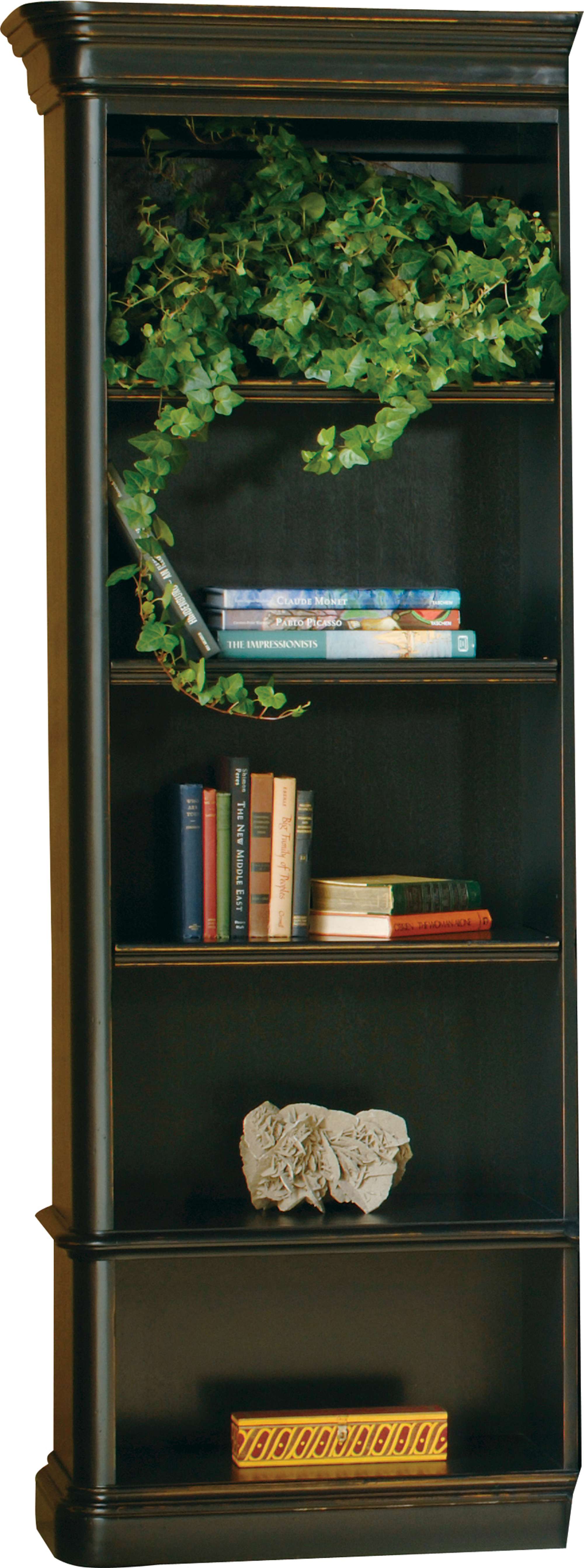 Louis Philippe Executive left bookcase with distressed finish, adjustable wood shelves, fixed shelf, and classic molding detail