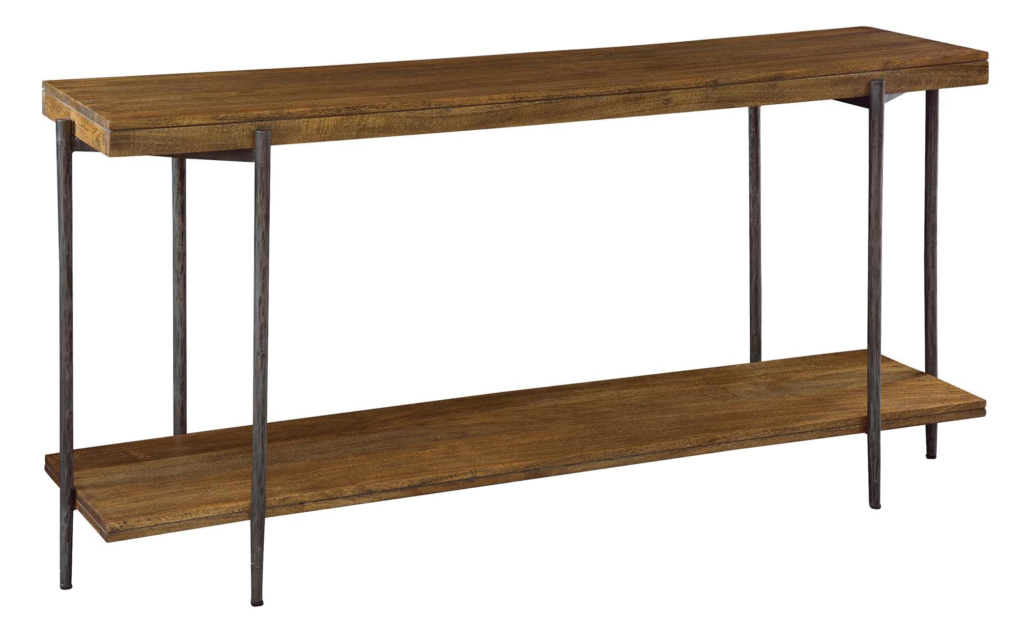 Bedford Park sofa table with solid mango slab top and shelf, forged iron base, and Bedford finish