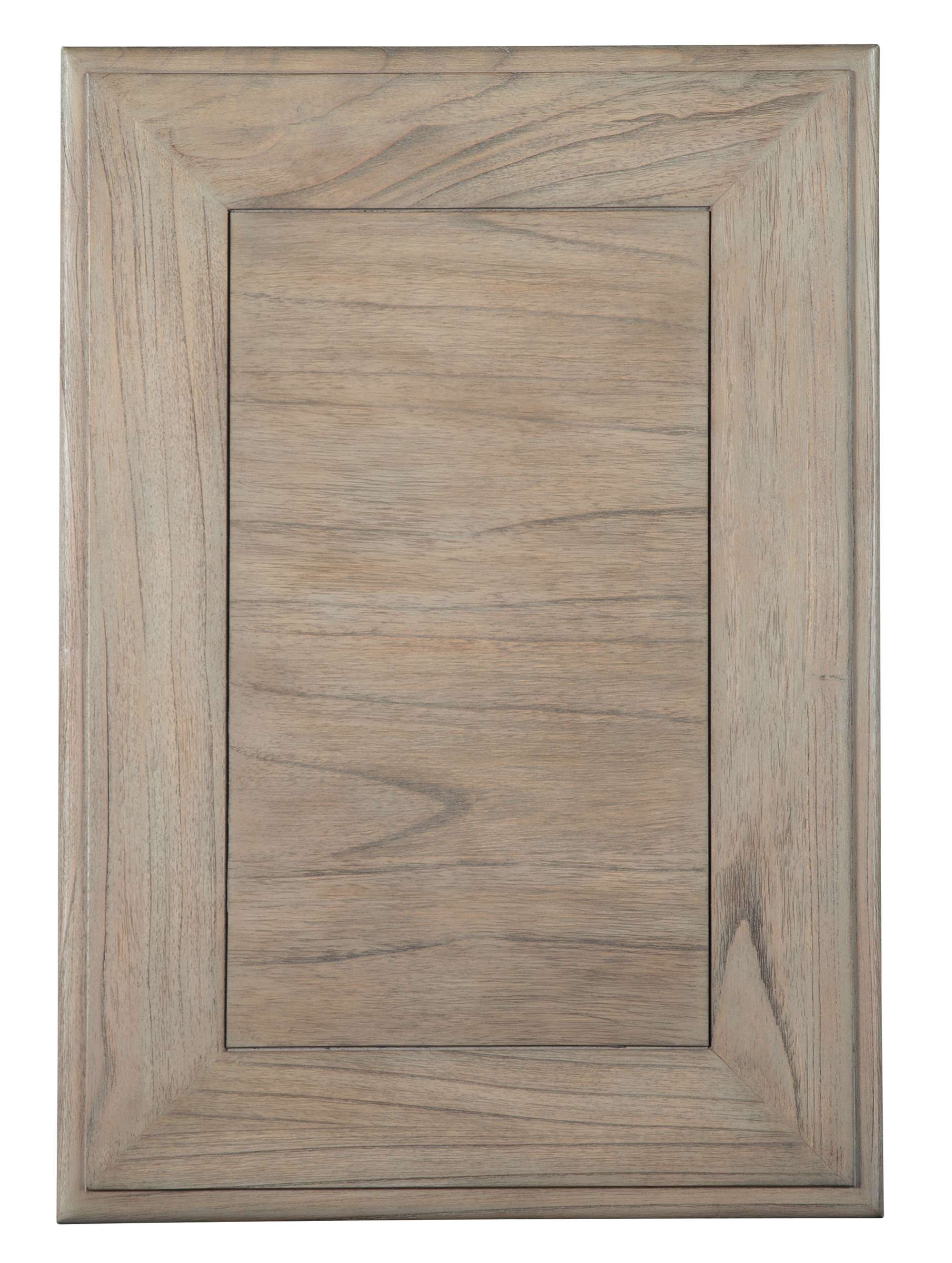 Mindi wood cabinet drawer front with driftwood finish and natural grain texture for Wellington Estates chairside chest