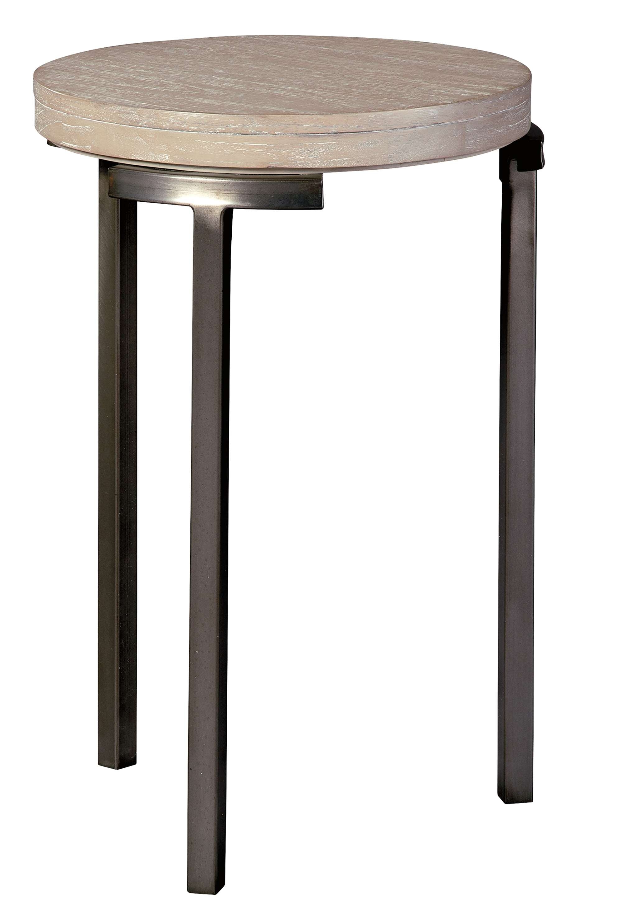 Scottsdale end table with 2-inch round mindi veneer top and aged iron 1-inch square metal legs