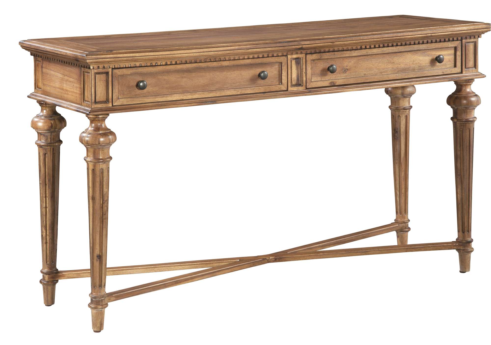 Wellington Hall sofa table with acacia veneers, tapered fluted legs, two drawers, rustic brass hardware, and dentil molding