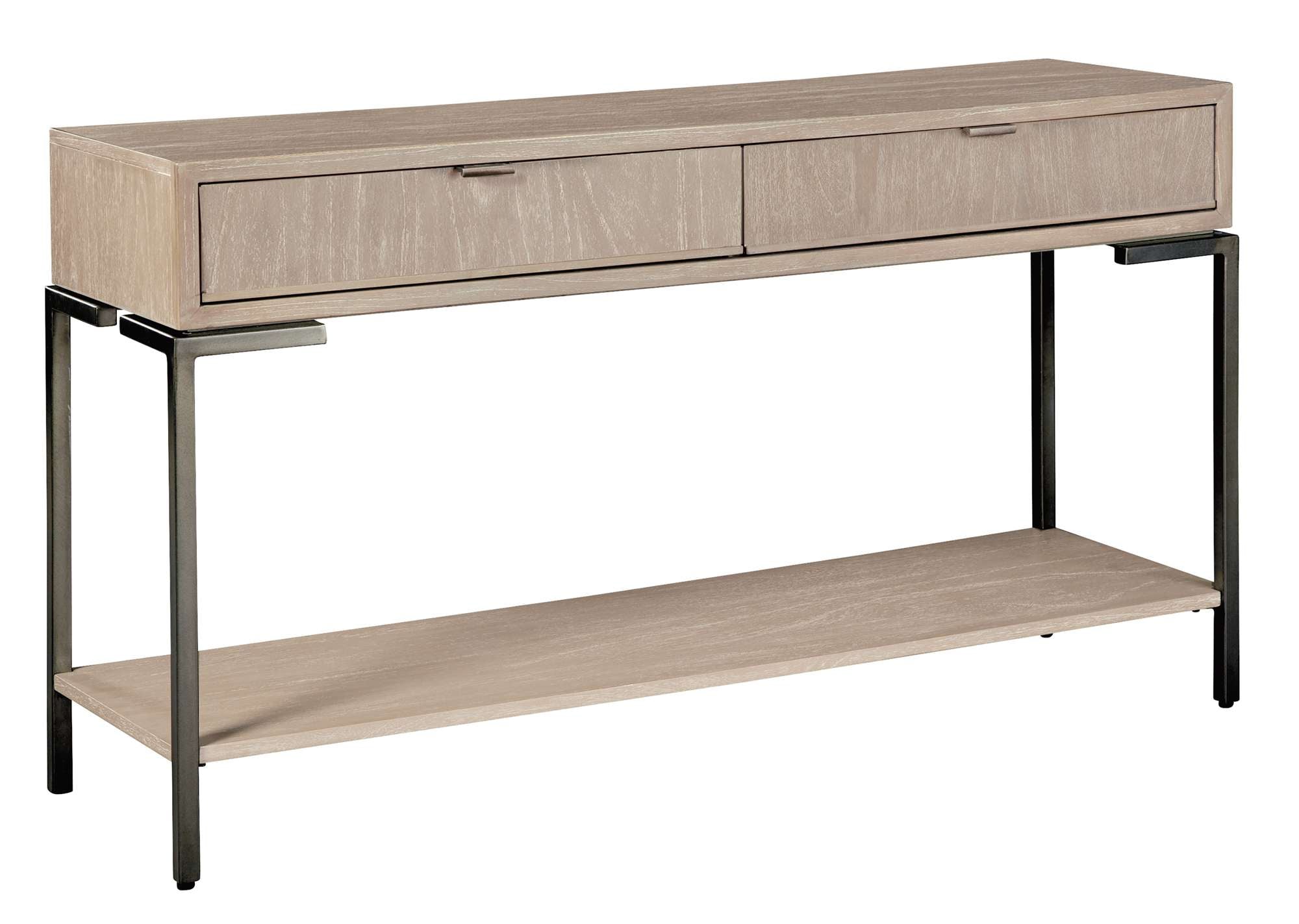 Scottsdale sofa table with mindi veneer and solids, two drawers, aged iron square legs, and tab pulls in Scottsdale finish