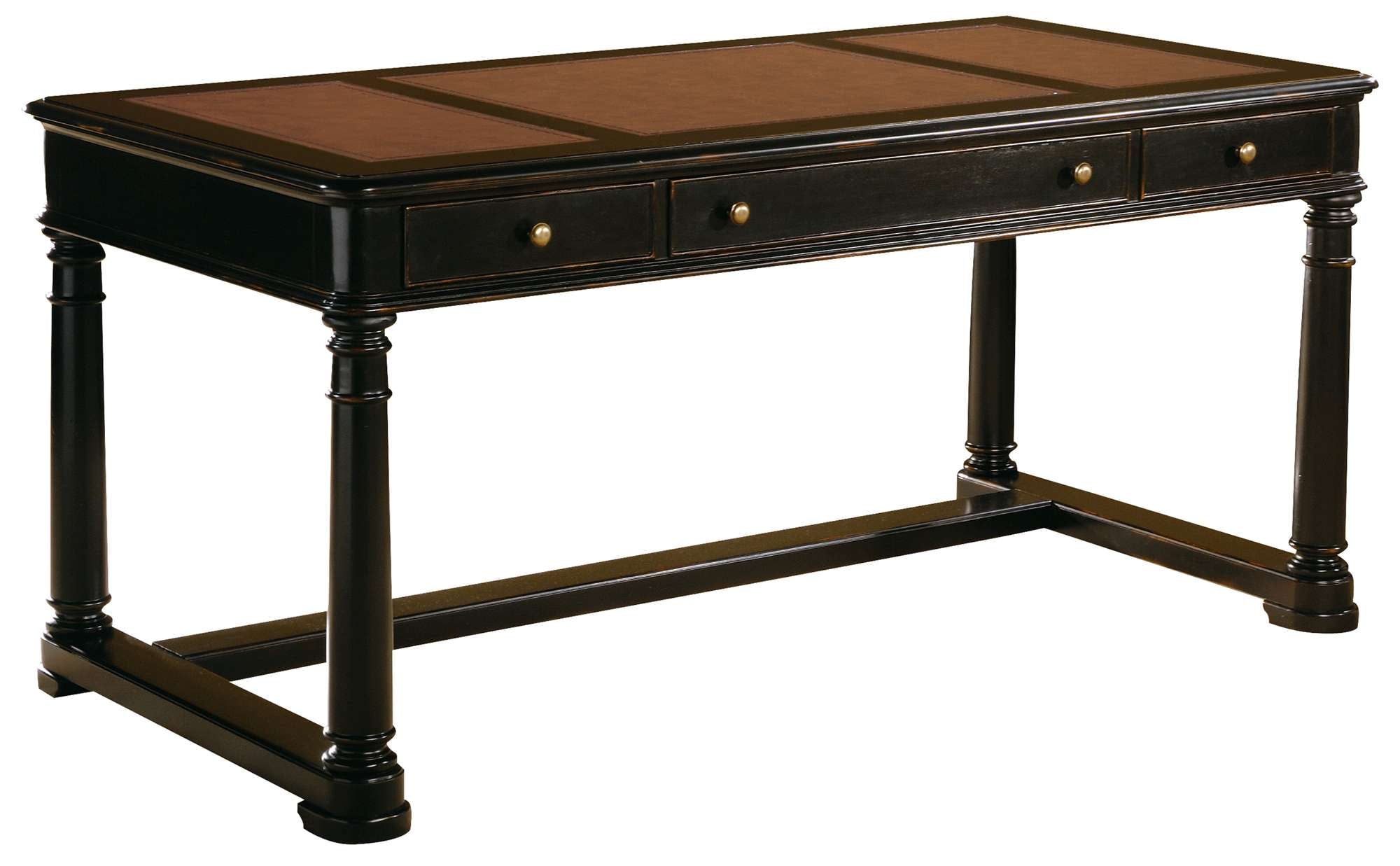 Elegant wooden desk with three drawers and a brown surface.