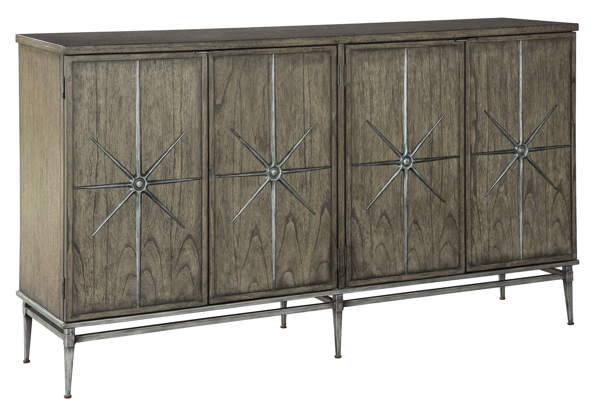 Entertainment Console with mindi veneers and solids, four doors with antique pewter star overlay, tab pulls, and metal base