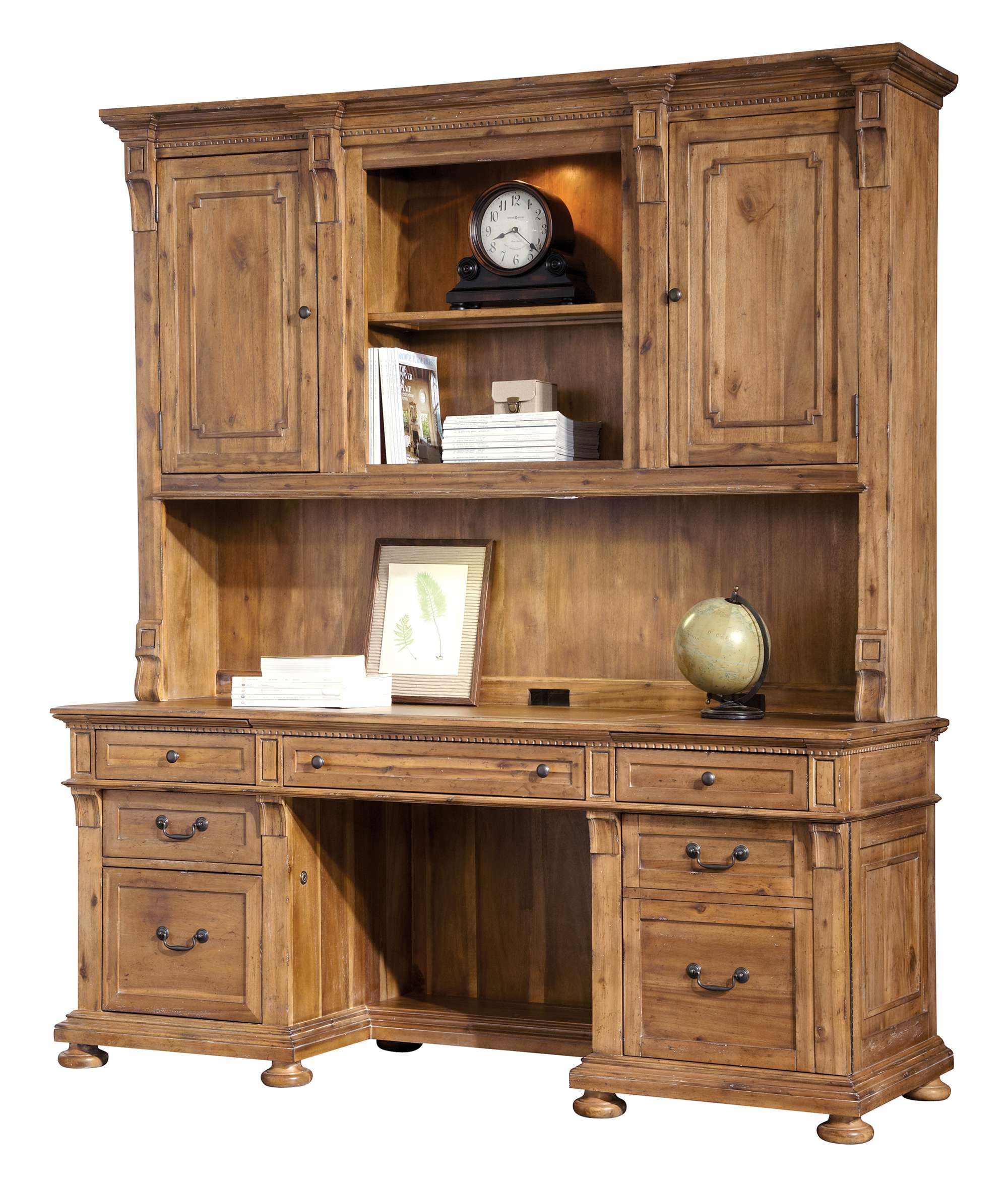 Wellington Hall Office Executive Desk with acacia wood, multiple drawers, two-door cabinet, open shelves, and antique brass hardware