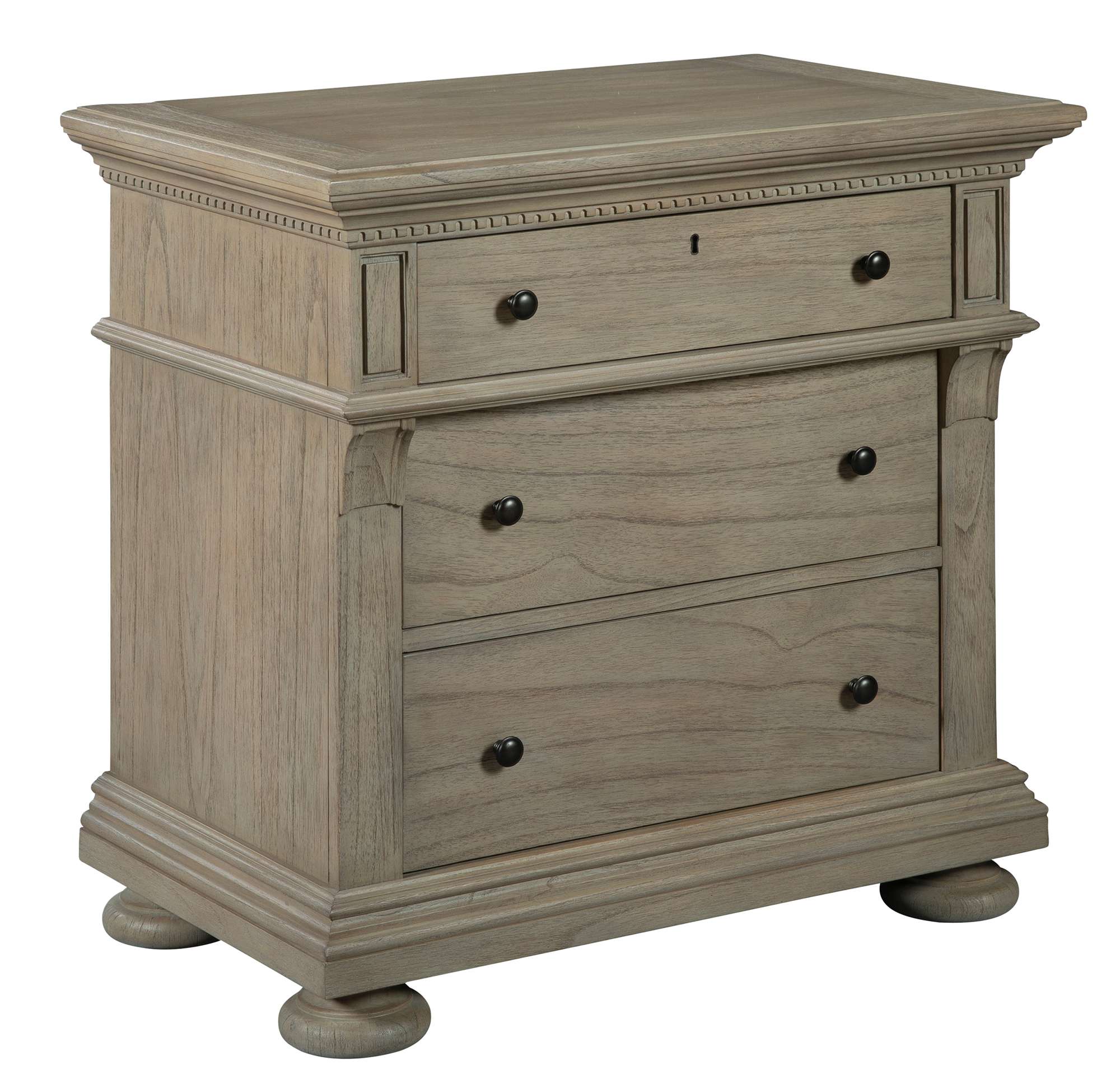 Wellington Estates three drawer nightstand with mindi veneers, driftwood finish, dentil molding, and rustic antique brass hardware